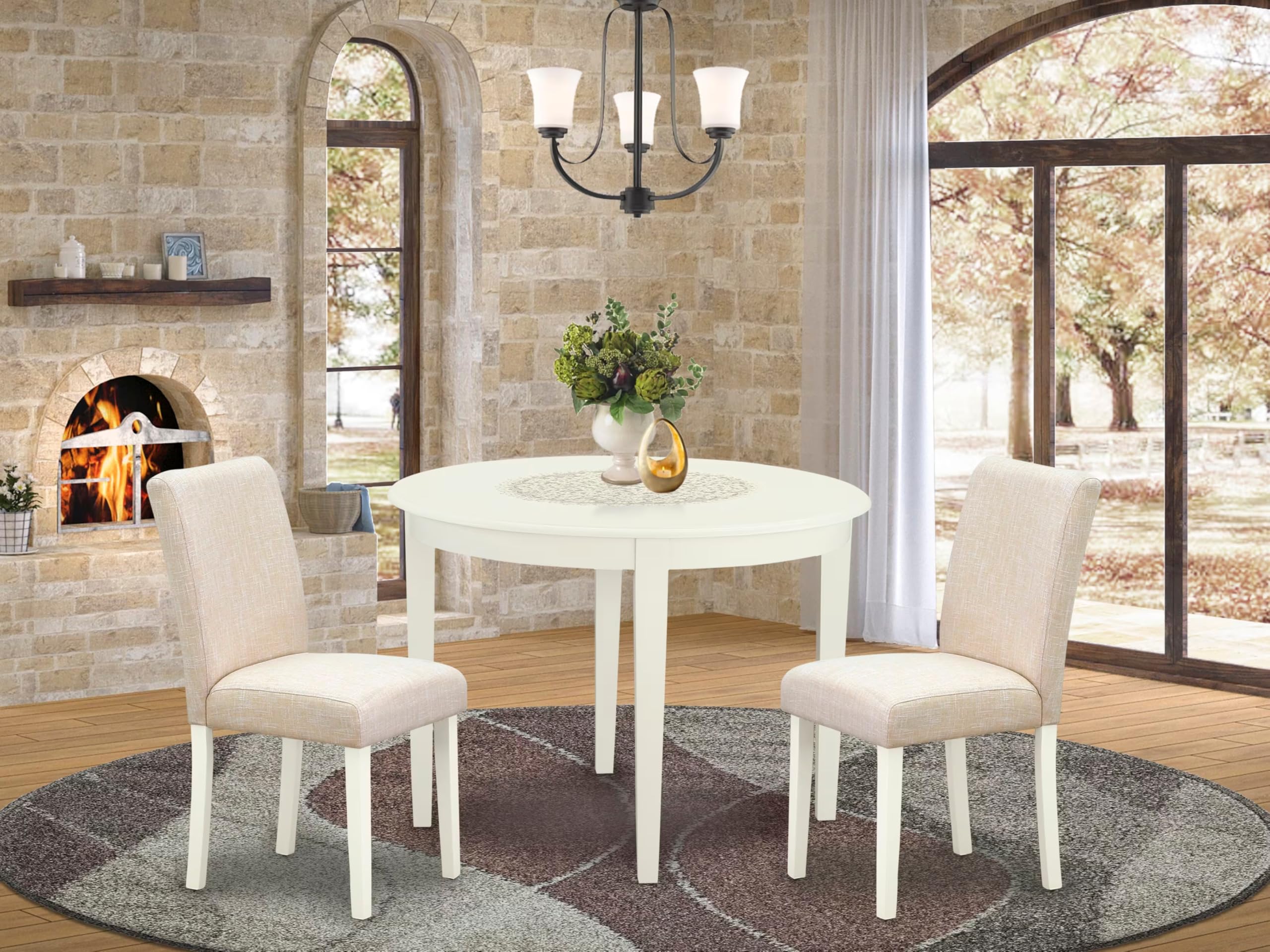 East West Furniture BOAB3-LWH-02 3-Piece Round Kitchen Table Set with 2 Upholstered Chairs for Small Spaces - 42x42 Inch, Light Beige Linen Fabric, White Finish - Perfect for Apartments, Breakfast Nooks & Cozy Dining Areas