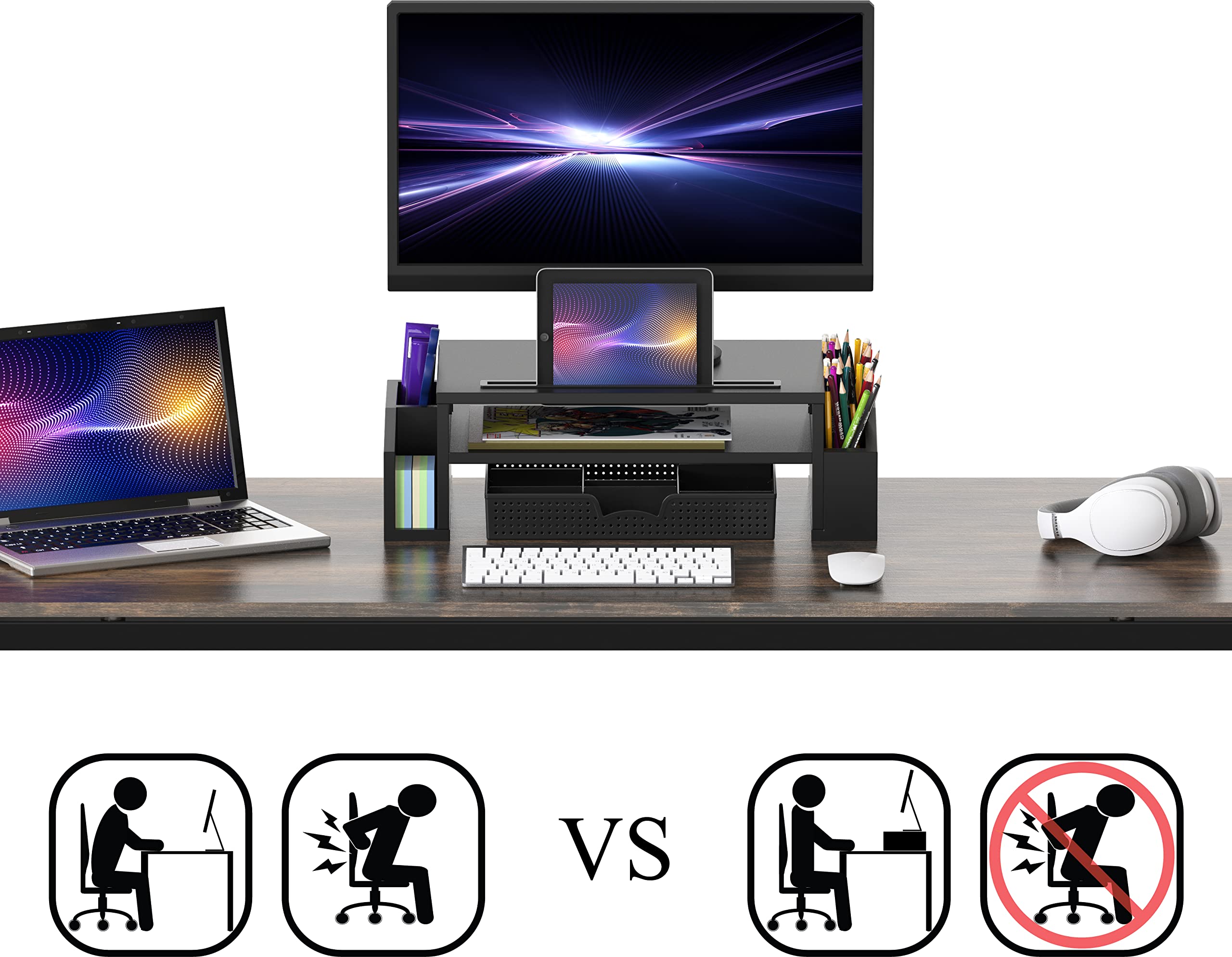 Adjustable Monitor Stand Riser with Organizer Tray - Ergonomic Laptop & Computer Screen Holder for Home Office, Gaming Setup - Black (Space Saving Desk Accessory)