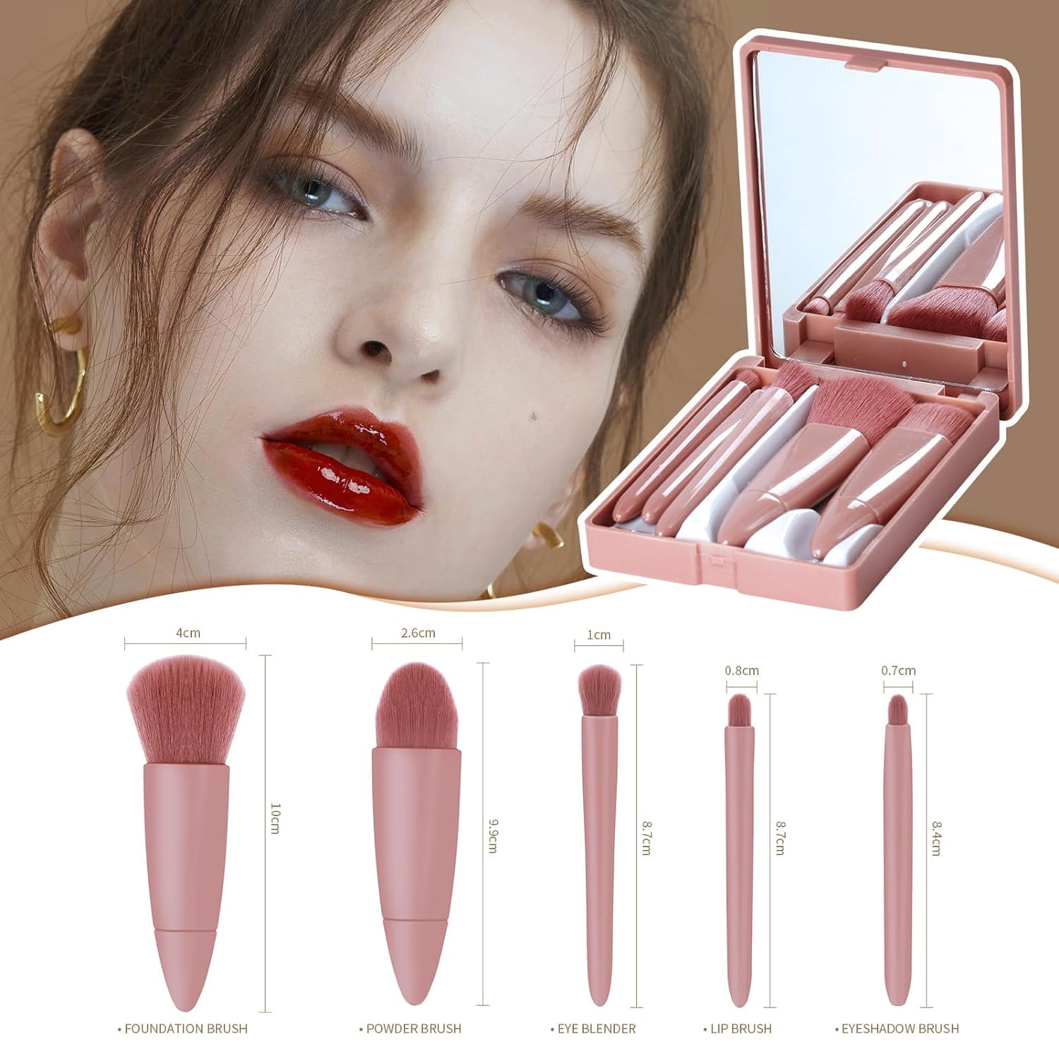 5-Piece Travel Makeup Brush Set - Mini Portable Cosmetic Brushes Kit for Eyeshadow, Powder, Foundation & Blush with Beauty Blender | Perfect for On-the-Go Makeup, Travel Essentials & Everyday Beauty Routine