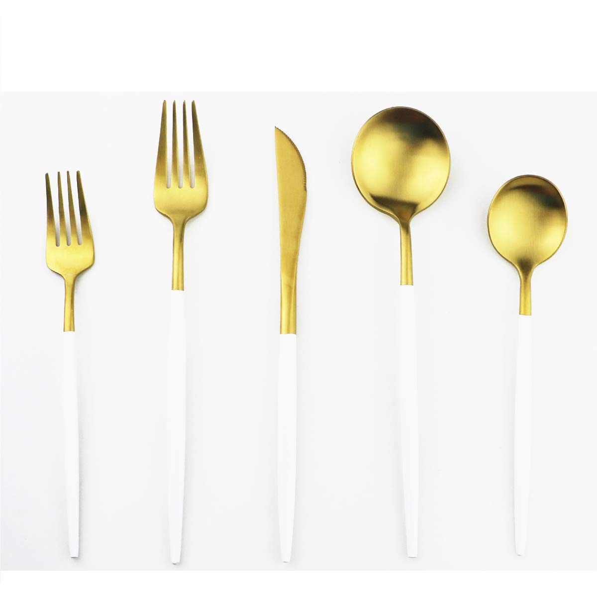 Premium 18/10 Stainless Steel Flatware Set - 5-Piece Matte White Gold Cutlery with Forks, Spoons & Knives - Elegant Dinnerware for Home, Camping & Travel - Durable & Stylish Tableware for Everyday Use