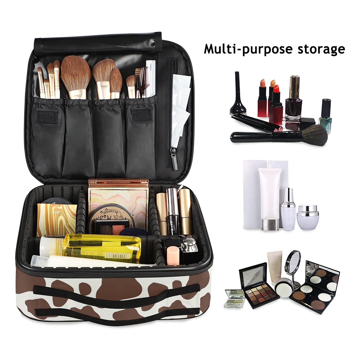 Stylish Doodle Brown Cow Print Makeup Bag - Large Travel Cosmetic Organizer with Adjustable Dividers - Perfect for Travel, Gym & Daily Beauty Storage