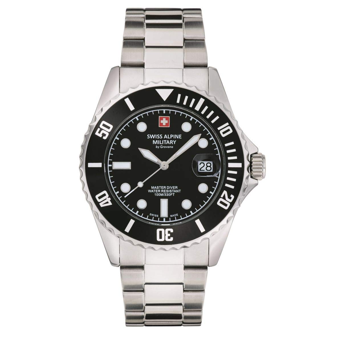 Swiss Alpine Military Men's Diving Watch - Master-Dive Analog Quartz Watch with 7053.1 Stainless Steel Case & Steel/Black/Black Band (Model 1137sam) - Perfect for Outdoor Adventures, Water Sports and Everyday Wear