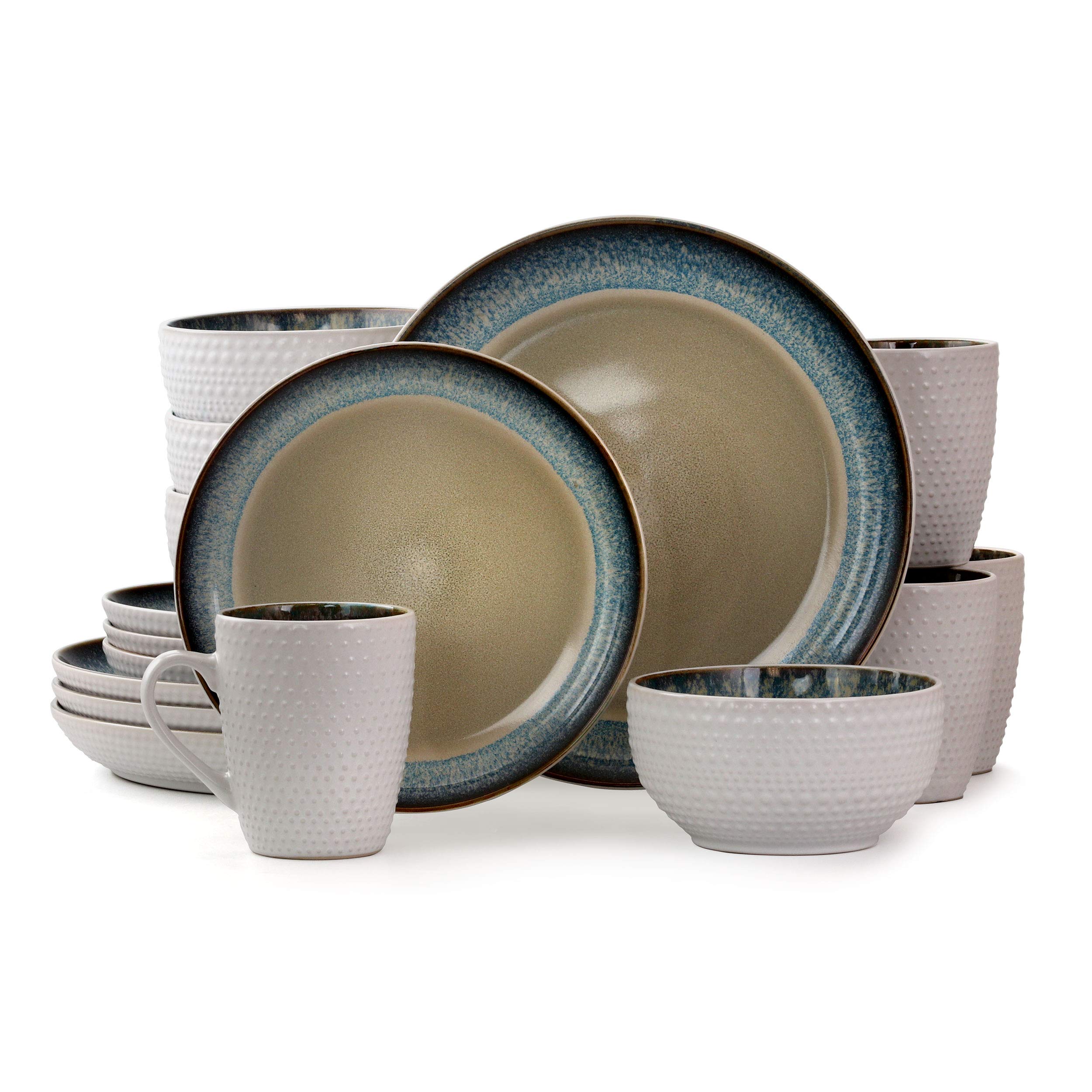 Elama 16-Piece Round Stoneware Dinnerware Set - Contemporary Warm Taupe with Blue Trim Plates & Bowls - Perfect for Everyday Dining & Dinner Parties