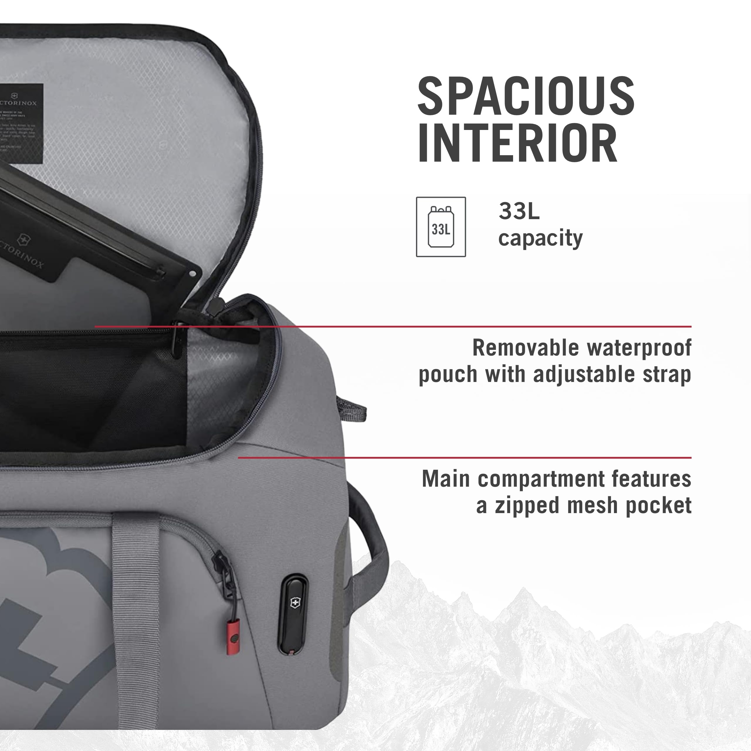 Victorinox Touring 2.0 Sports Duffel Bag - 33L Light Gray Waterproof Gym Bag for Men & Women - Durable Travel Duffel for Gym, Pool, Track & Weekend Trips - Includes Waterproof Pouch for Wet Clothes & Essentials