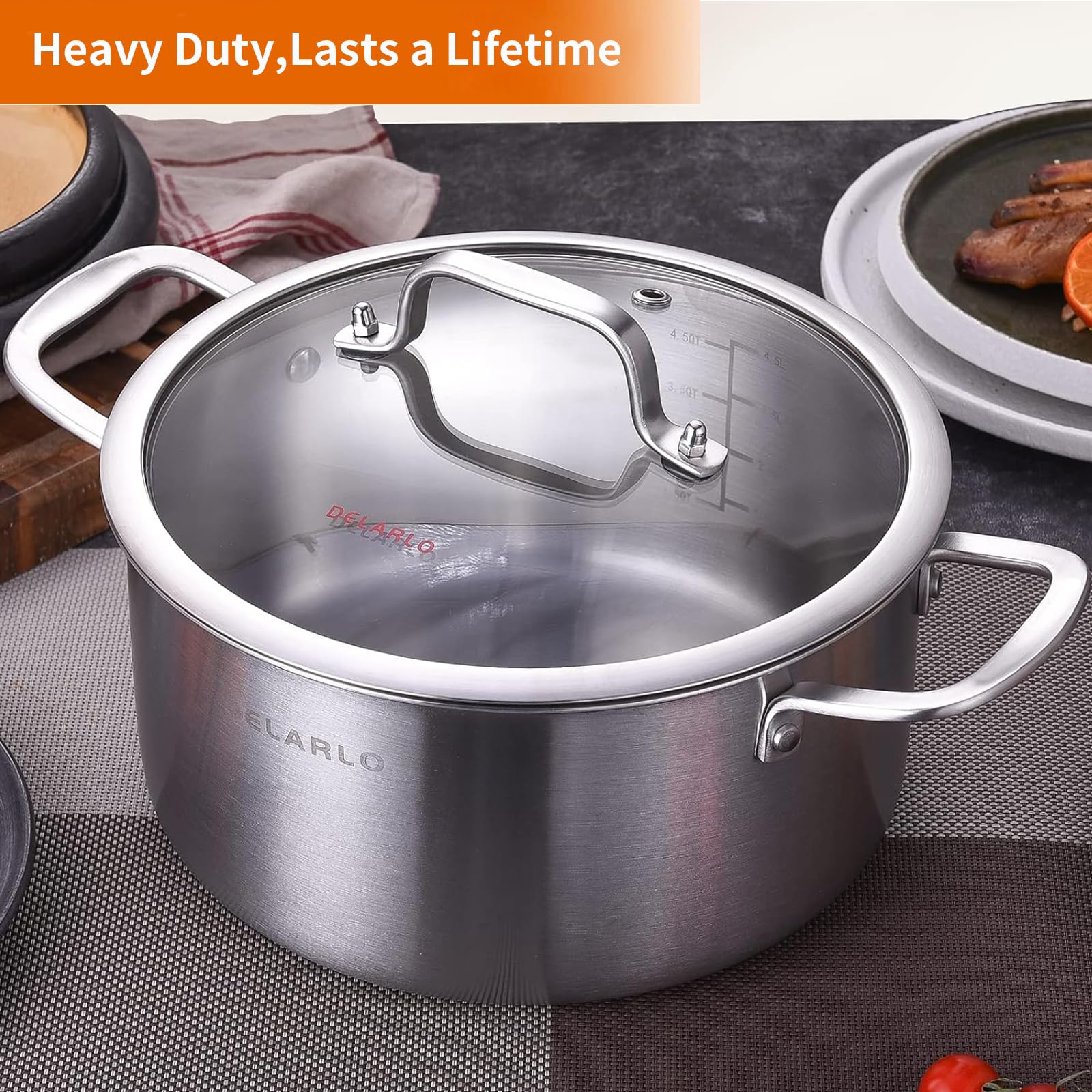**DELARLO 5 Quart Tri-Ply Stainless Steel Stock Pot with Lid – Heavy Duty Soup & Stew Pot for All Stoves (Up to 600°F) – 20% Fuel Efficient, Fast & Even Heating – Perfect for Soups, Stews, Pasta & Large Family Meals**