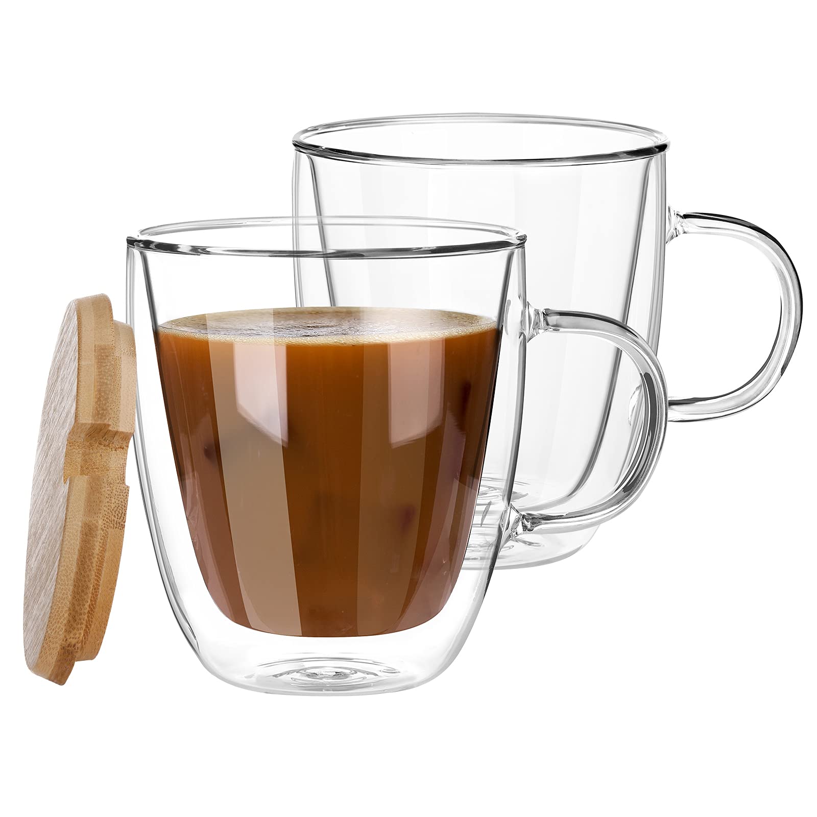 Aiboria 12 oz Double Walled Insulated Glass Coffee Mugs Set of 2 - Lead-Free Clear Glass Cups with Lids for Hot/Cold Beverages - Perfect for Coffee, Tea, Latte, Beer & Iced Drinks at Home or Office