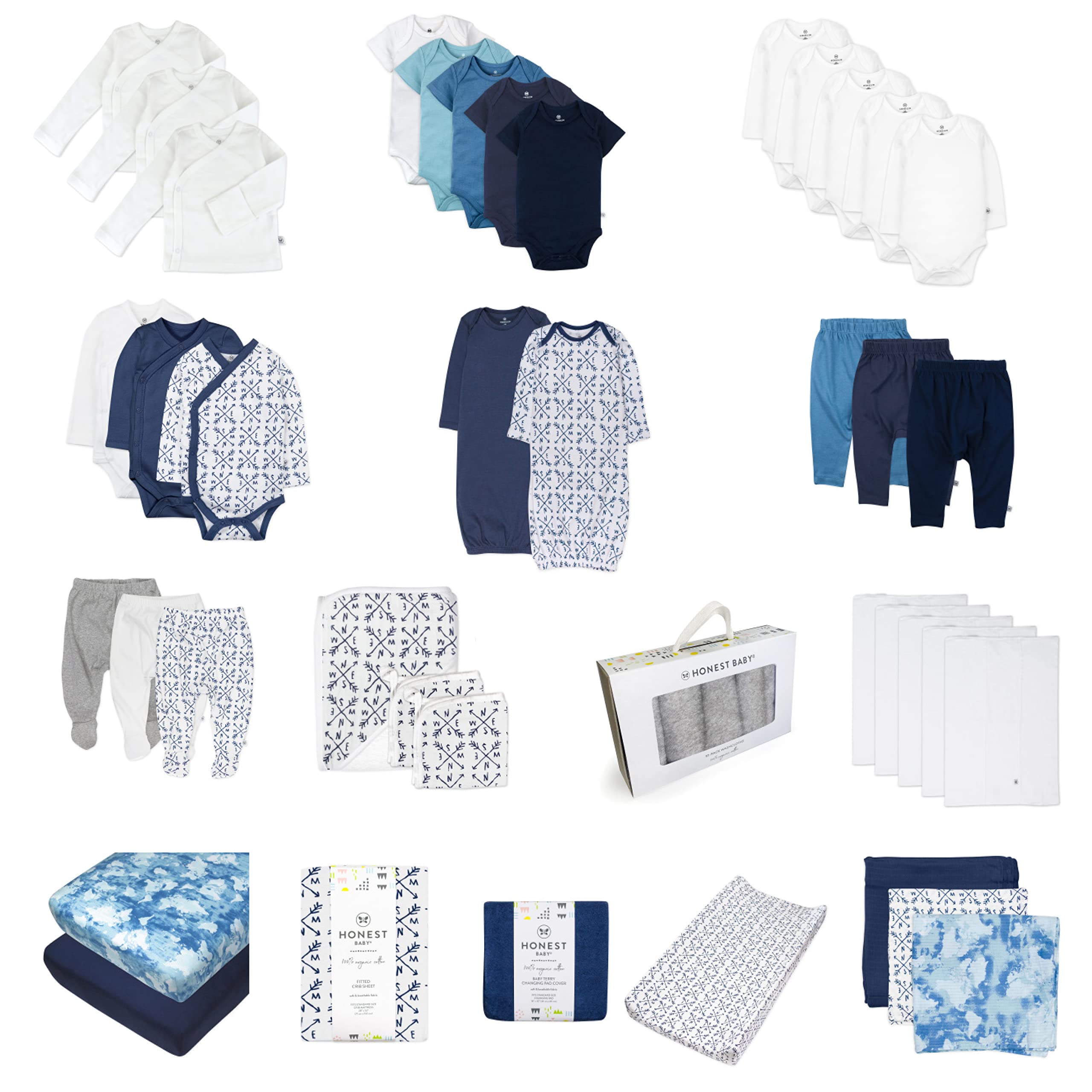 HonestBaby Unisex Baby 50-Piece Oh Baby Gift Set - Organic Cotton Newborn Essentials Gift Box for Baby Showers, Christenings & Welcome Home Celebrations