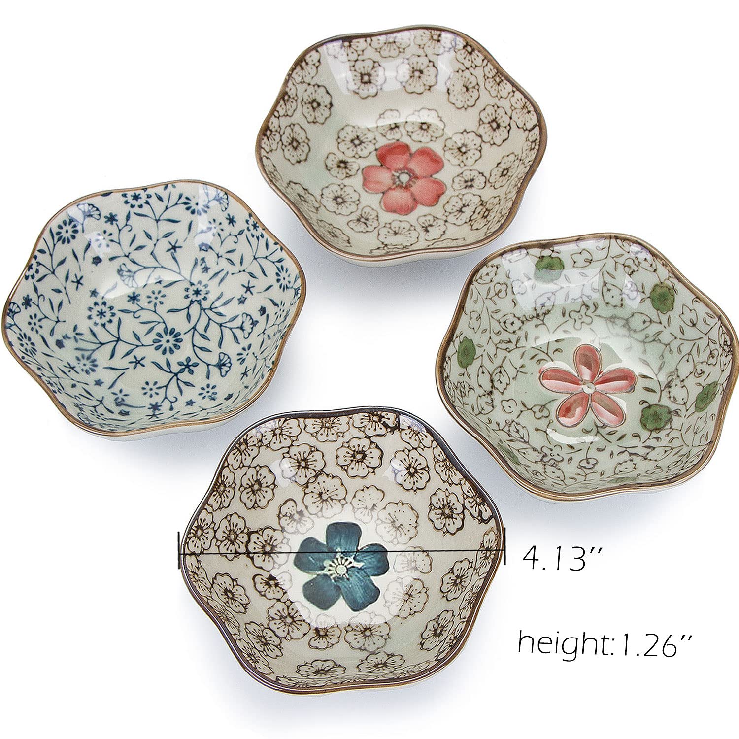 VanEnjoy 4-Piece Colorful Glazed Ceramic Soy Sauce Bowls - Floral Pattern Appetizer Plates, Condiment Dishes for Sushi, Dumplings & Asian Cuisine Serving