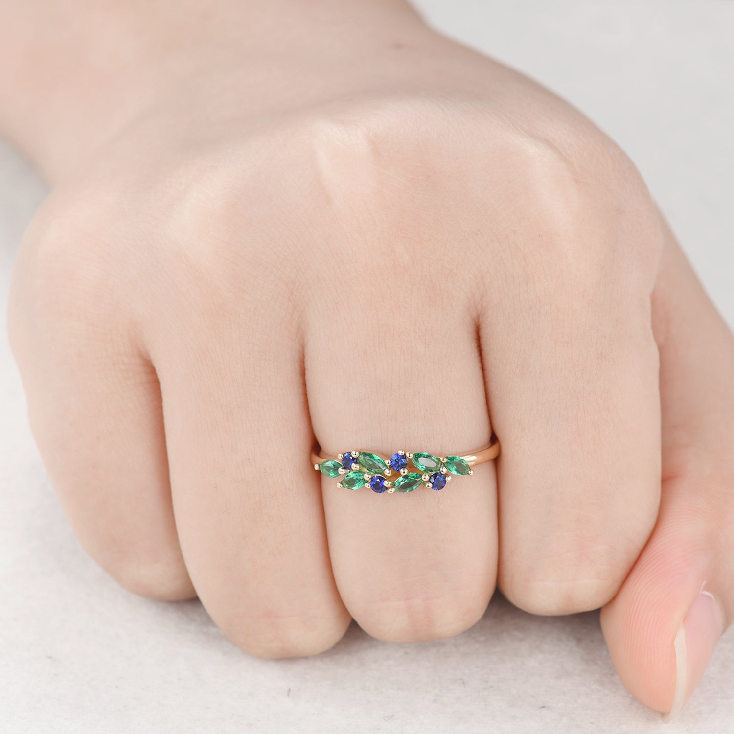 Vintage Emerald Sapphire Yellow Gold Ring - Green & Blue Gemstone Wedding Band for Women - Perfect for Engagement, Anniversary & Special Occasions