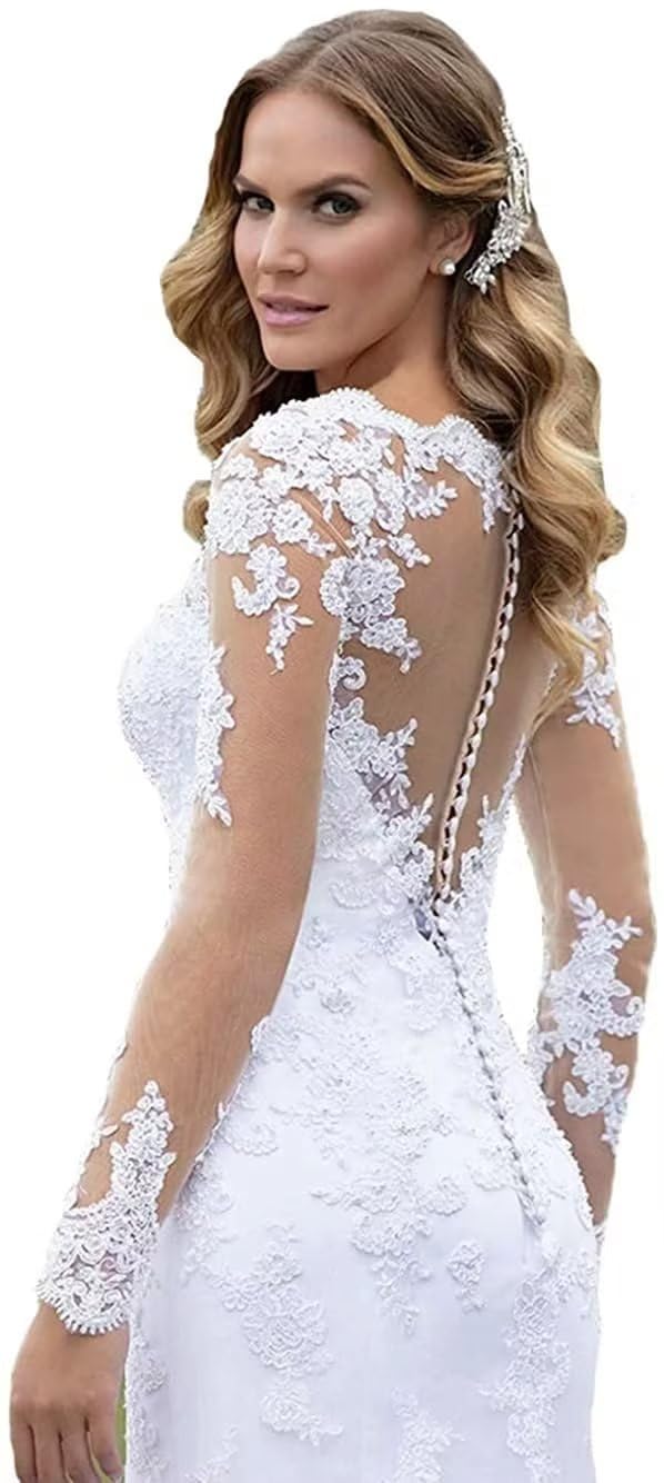 Elegant Lace Applique Long Sleeve Beach Wedding Dress for Bride 2023 | Simple Formal Prom Gown | Perfect for Beach Ceremonies, Bridal Showers & Formal Events