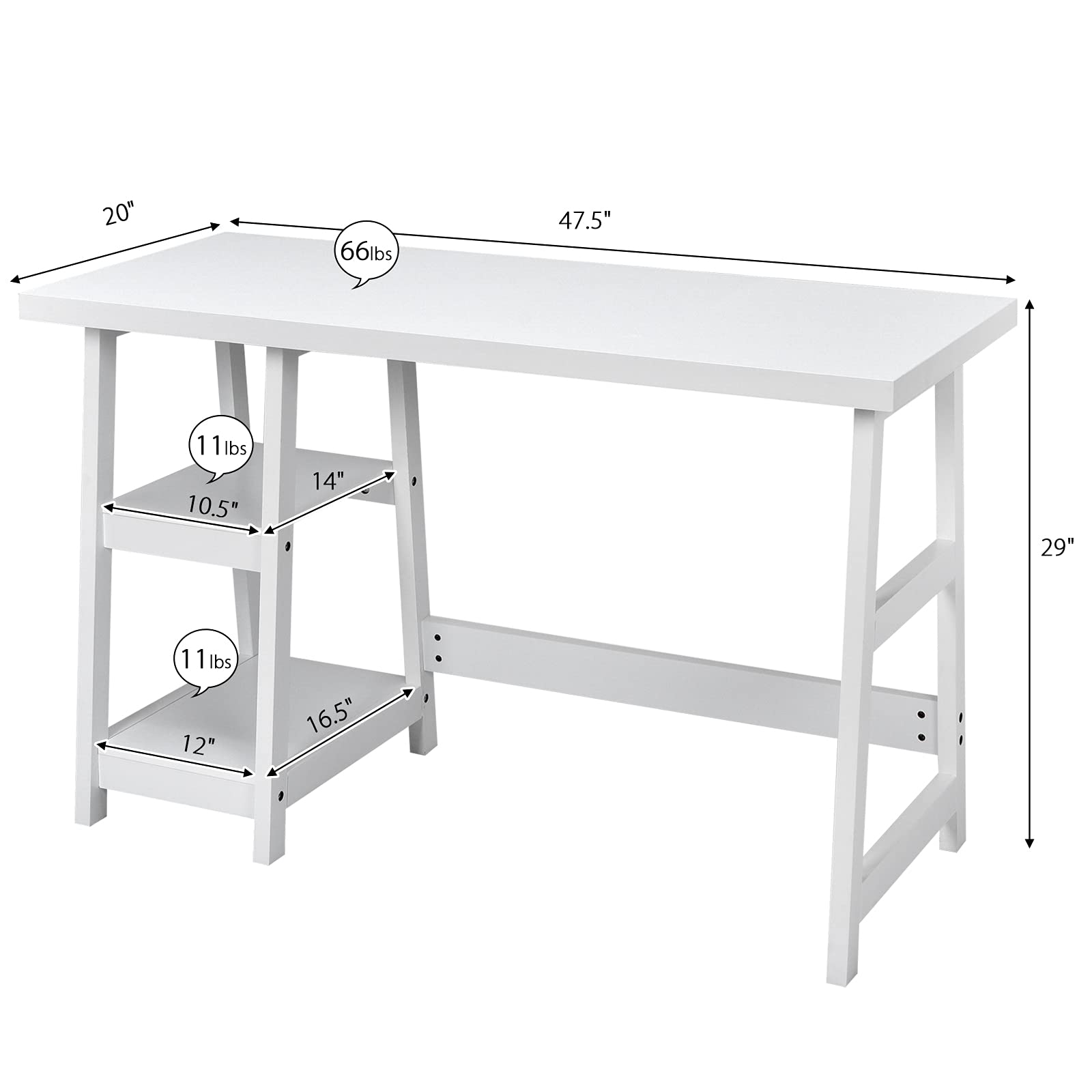 Tangkula White Modern Trestle Desk with Storage Shelves - Home Office Writing Desk, Space Saving Study Desk for Small Bedroom - Perfect for Remote Work & Online Learning