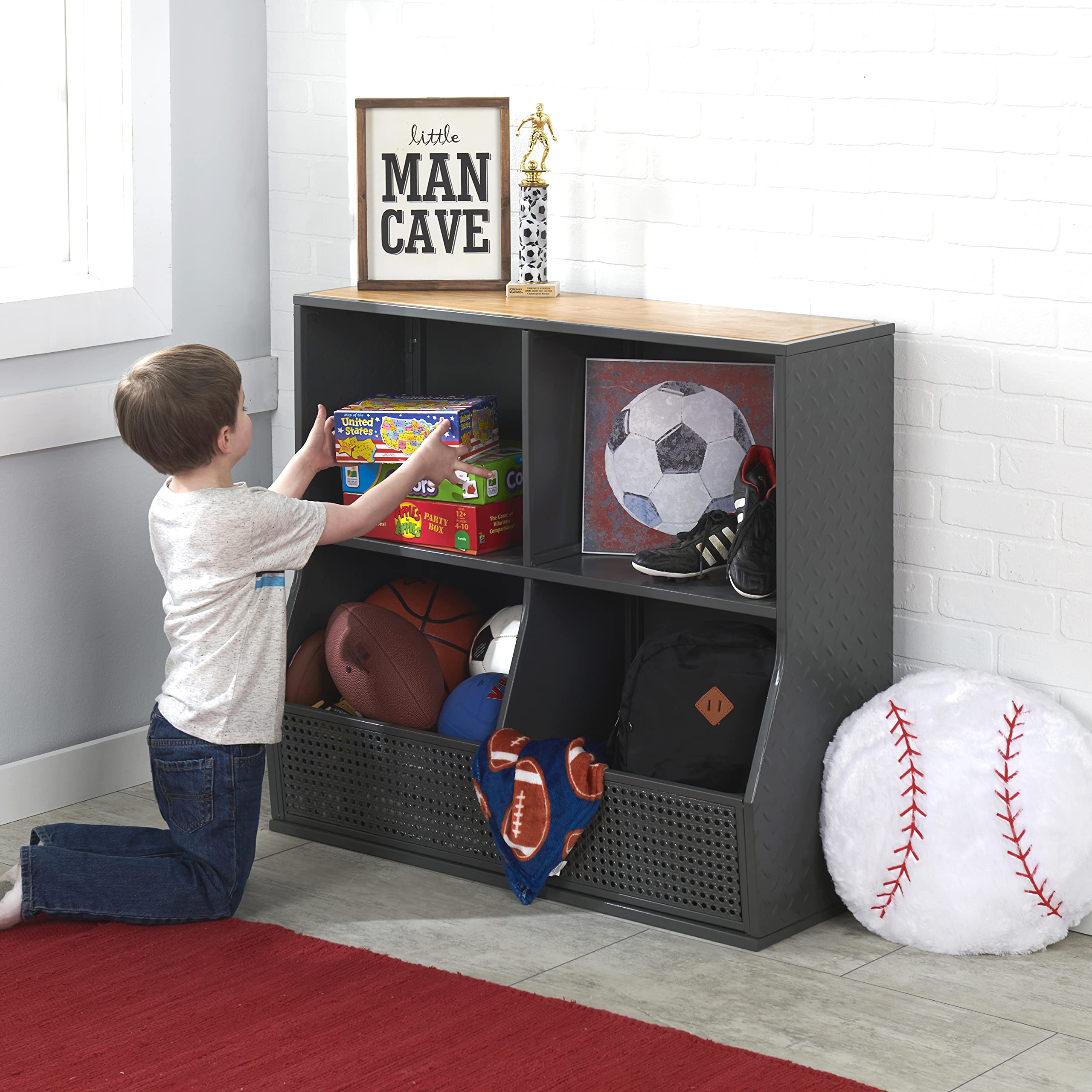 Badger Basket 6-Bin Metal & Bamboo Toy Storage Organizer - Charcoal/Natural - Perfect for Kids' Room, Playroom & Nursery Organization
