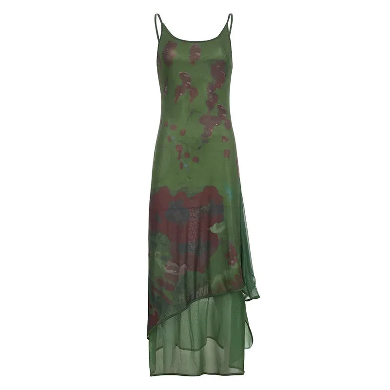 Abstract Print Green Mesh Dress - Y2K Subversive Long Robe for Women | Sexy Backless Maxi Dress (P65 EZ28) | Perfect for Night Out, Club Wear & Festival Fashion