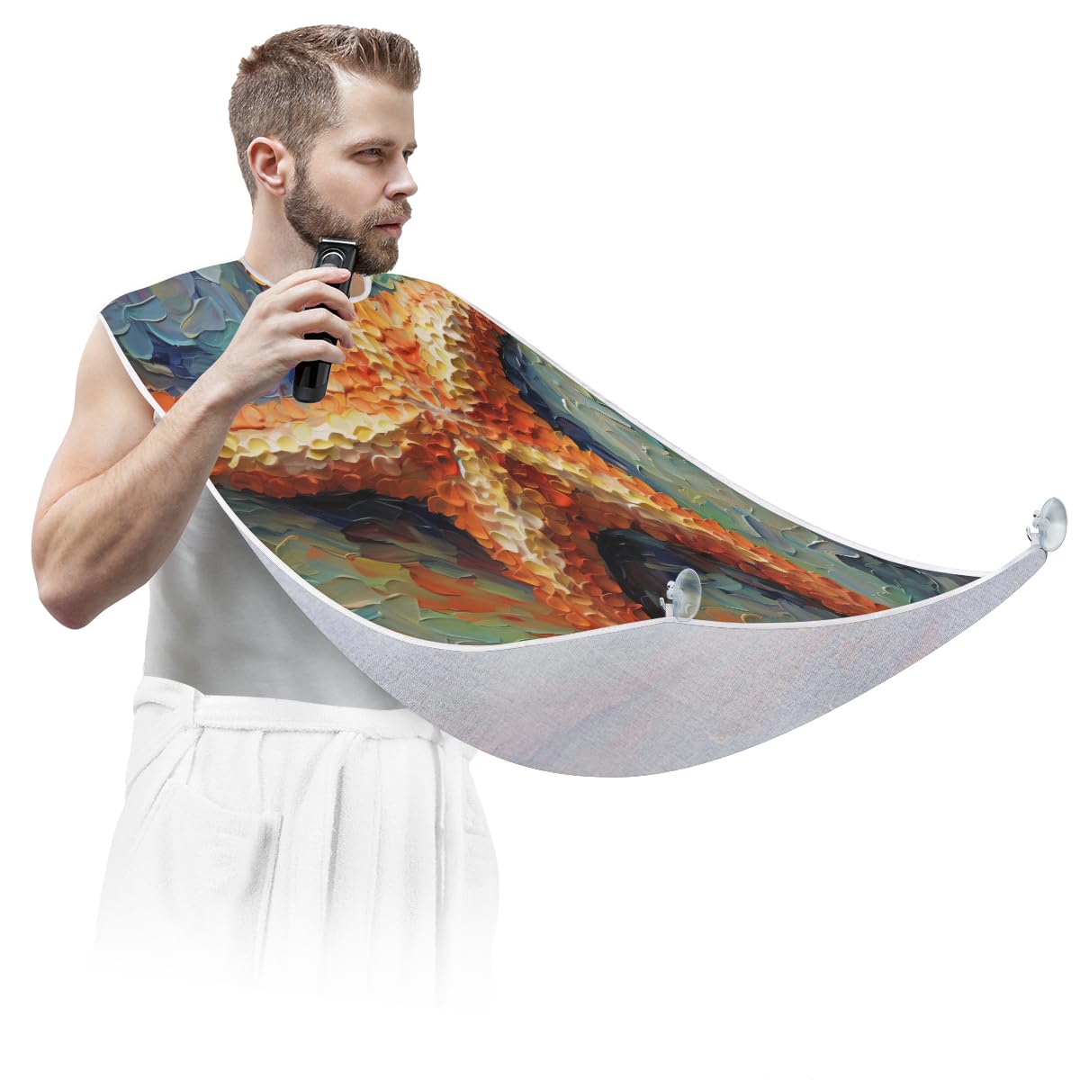 **Starfish Summer Pattern Beard Shaving Bib for Men - Waterproof Hair Dye Apron & Makeup Cape for Barber, Stylists & DIY Haircuts - Sink Hair Catcher & Beard Trimming Accessory - Perfect Gift for Grooming & Salon Use**