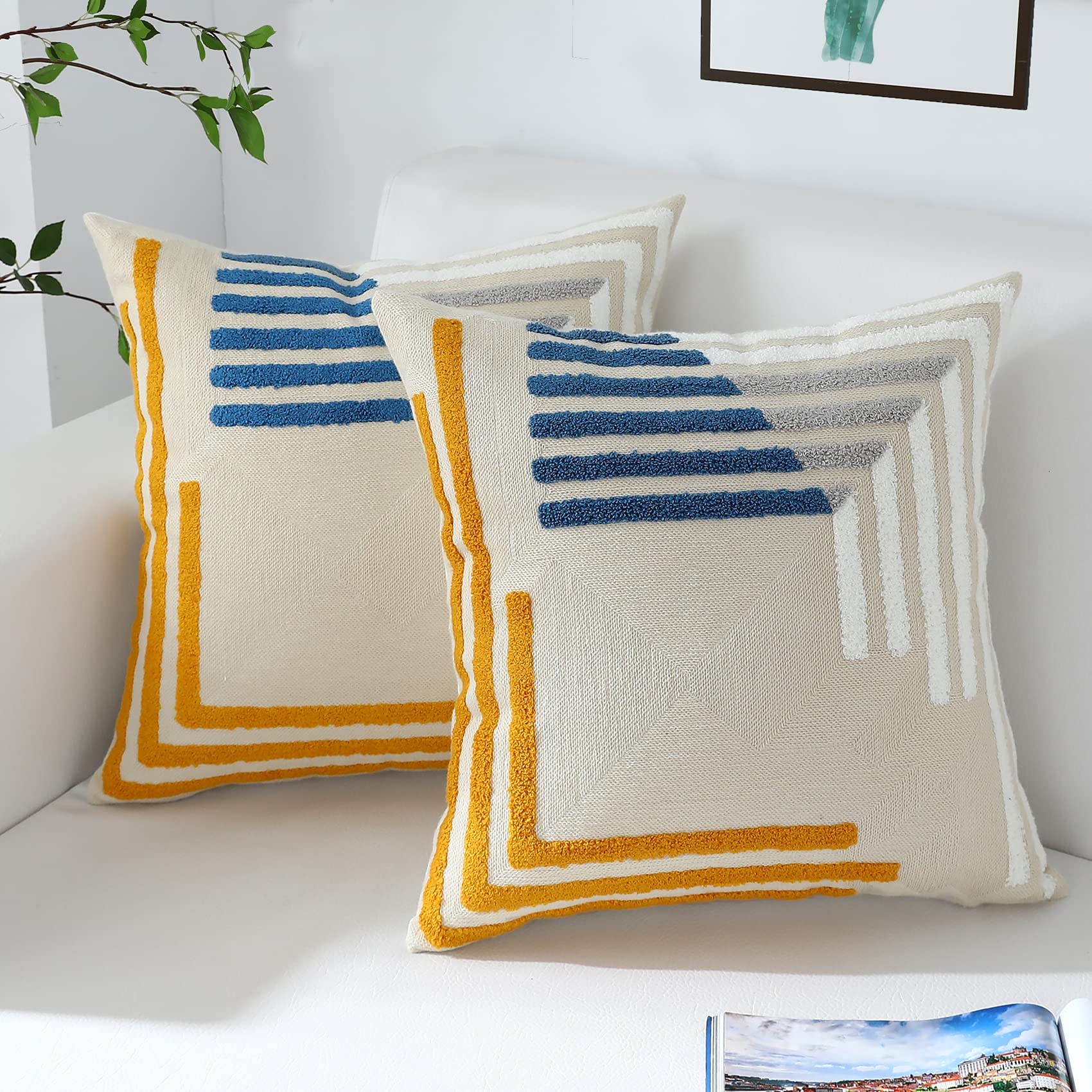 Boho Throw Pillow Covers 20x20 Set of 2 - Neutral Modern Farmhouse Blue & Yellow Embroidered Geometric Pillowcases - Perfect for Couch, Bed, Living Room & Outdoor Decor