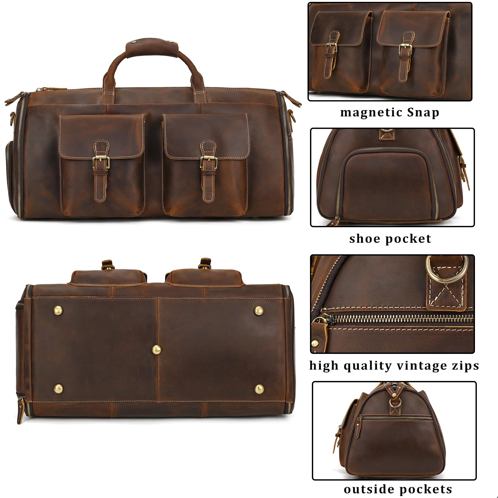 Premium Men's Leather Garment Bag - Convertible Carry-On Duffel & Weekender Travel Bag (2-in-1 Hanging Suitcase) - Coffee Brown 2203 - Perfect for Business Trips, Weddings & Formal Travel