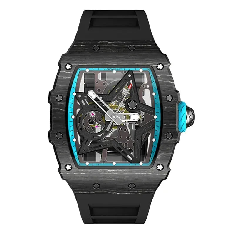 Luxury Men's Automatic Skeleton Watch - Tonneau Carbon Fiber Case, Luminous Dial, Fluororubber Strap - Perfect for Business, Formal & Casual Wear
