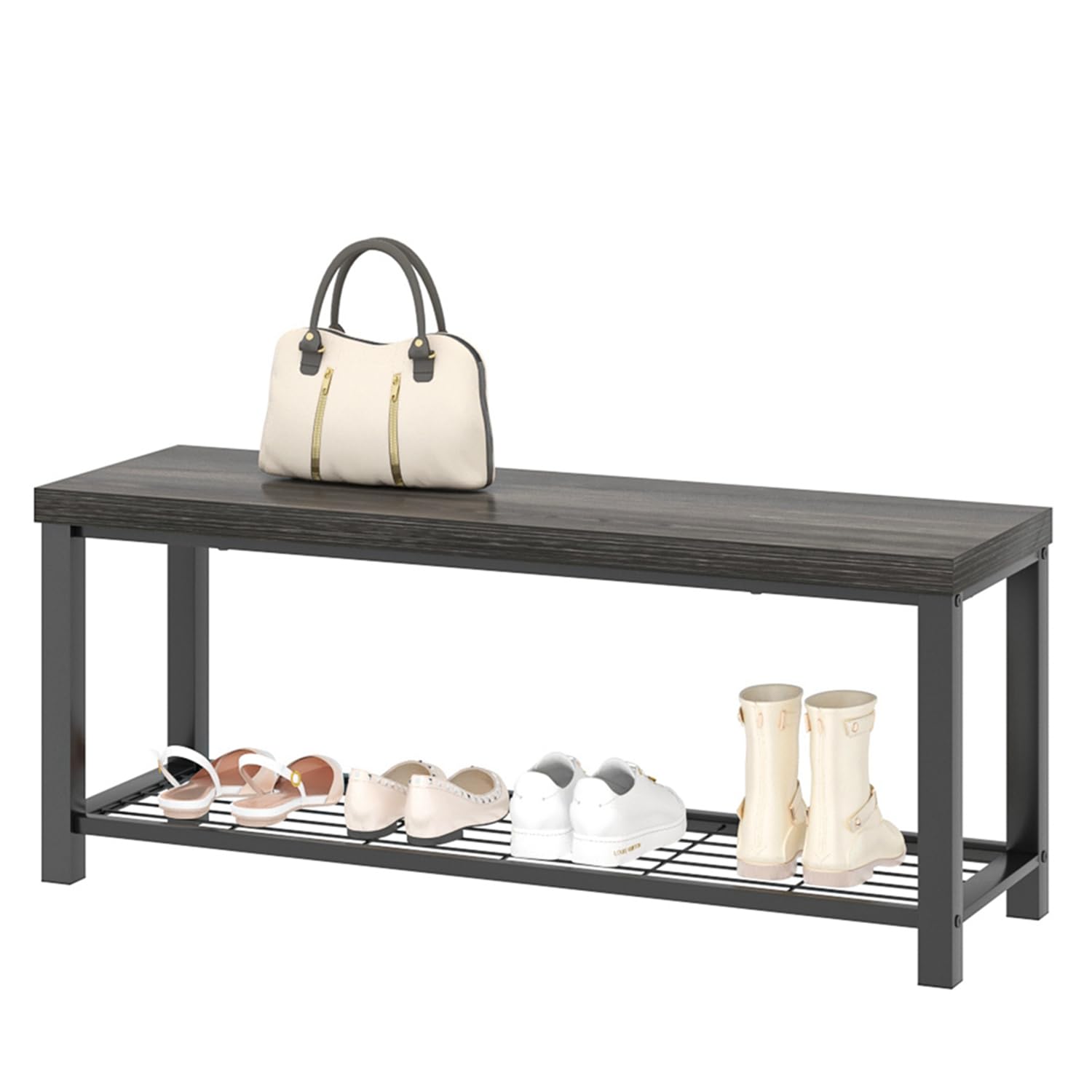 FOLUBAN 43 Inch Industrial Shoe Storage Bench - Rustic Entryway Hallway Organizer with Seat, Modern Shoe Rack for Living Room Bedroom (Dark Gray) - Perfect for Small Spaces & Mudroom Organization