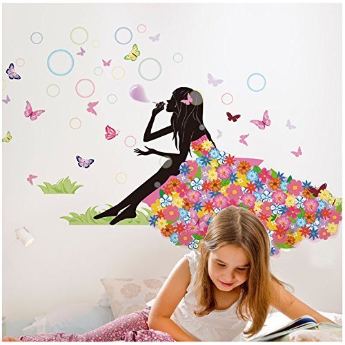 Butterfly Wall Decals for Girls Room - 52x35 Inch Flower Fairy Princess DIY Bedroom Stickers, Blowing Bubbles & Dresses Design - Perfect for Nursery, Kids Bedroom Decor & Birthday Party Backdrop