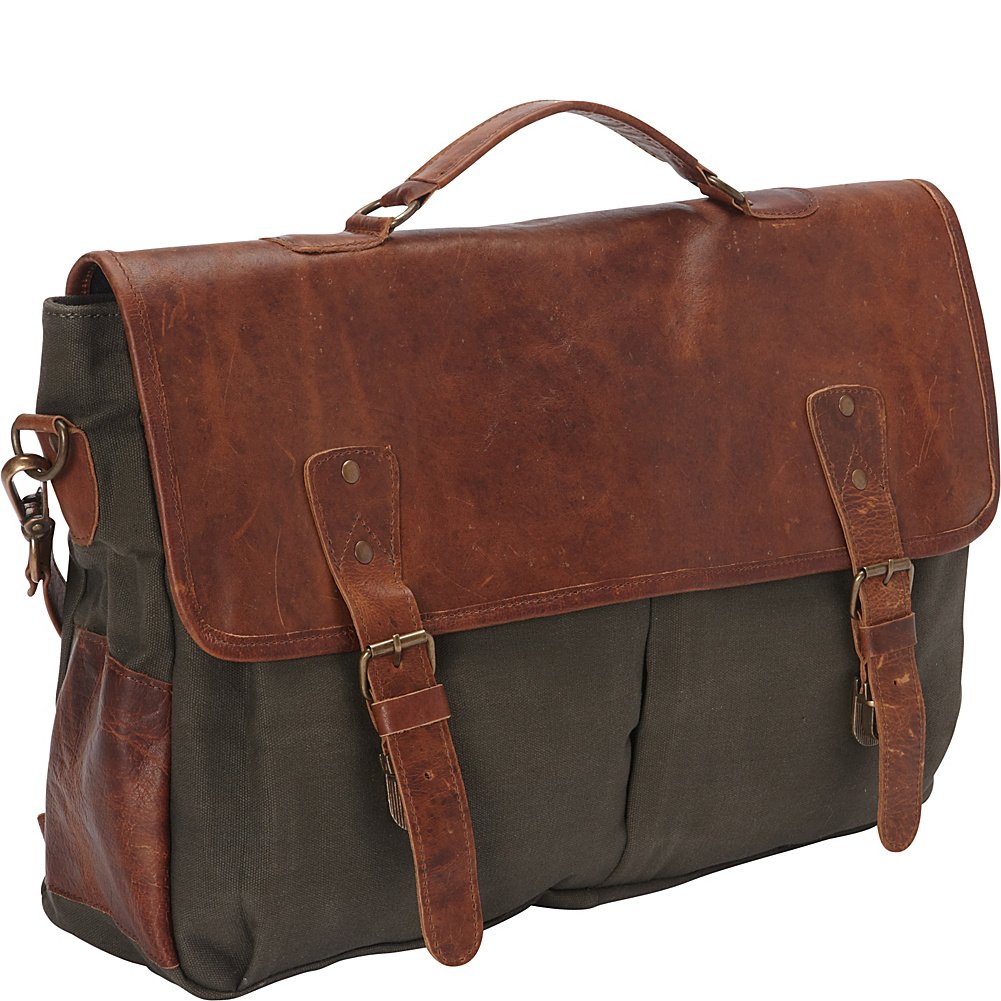 Premium Brown Leather & Green Canvas Laptop Messenger Bag for Business & Travel - Stylish Work Briefcase for Men & Women, Perfect for Office, Commuting & Daily Use