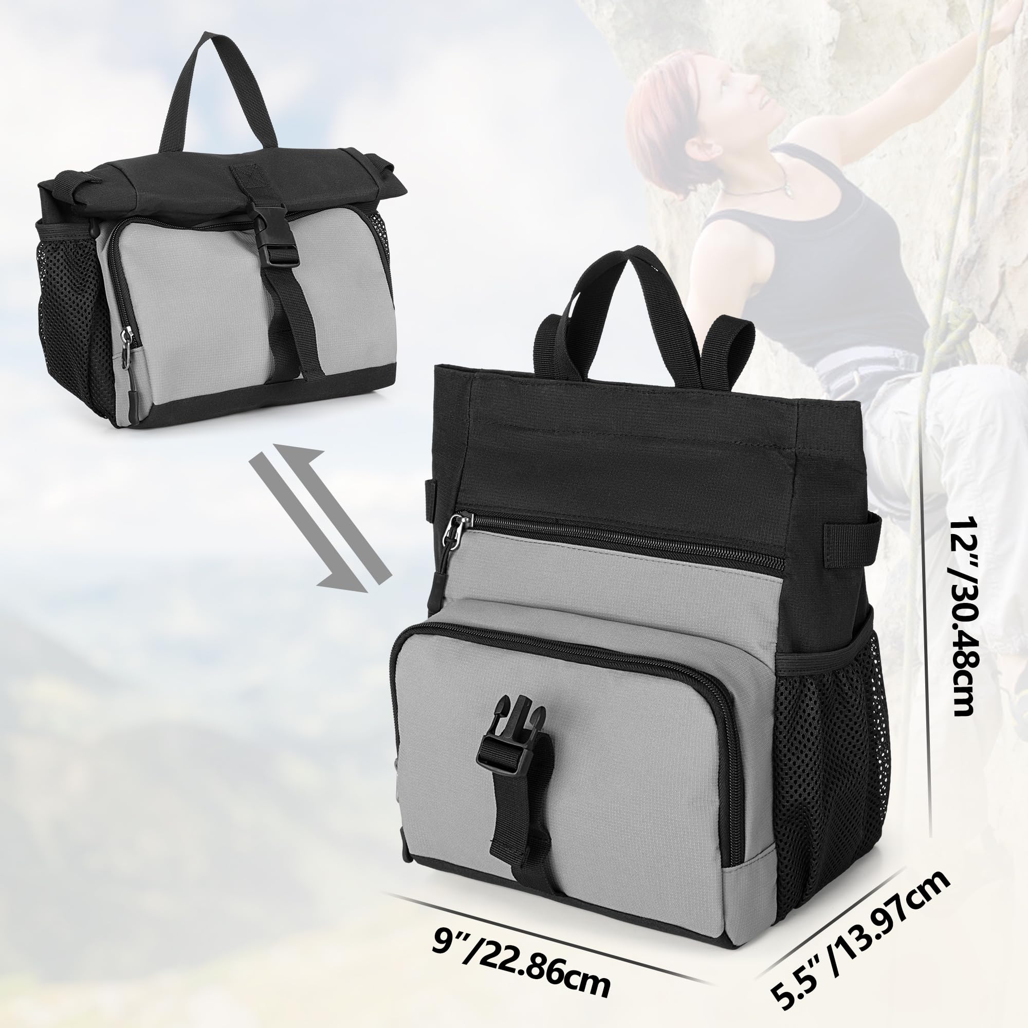 Premium Chalk Bucket Bag for Rock Climbing & Bouldering - Large Capacity with Aluminum Foil Lining, Magnetic Closure, Multiple Pockets & 2 Brush Holders (Patented Design) - Ideal for Indoor/Outdoor Climbing Gyms & Mountain Adventures
