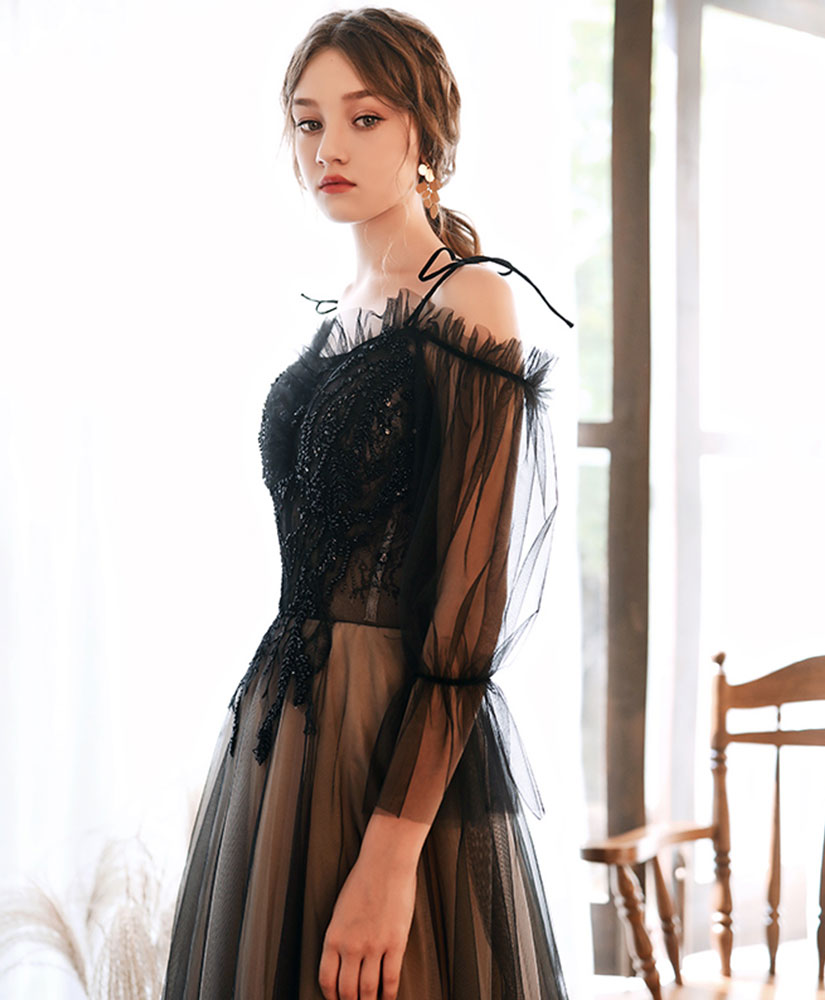 Elegant Black Tulle Lace Long Prom Dress with Sheer Sleeves - Formal Evening Gown for Homecoming, Wedding, and Special Occasions