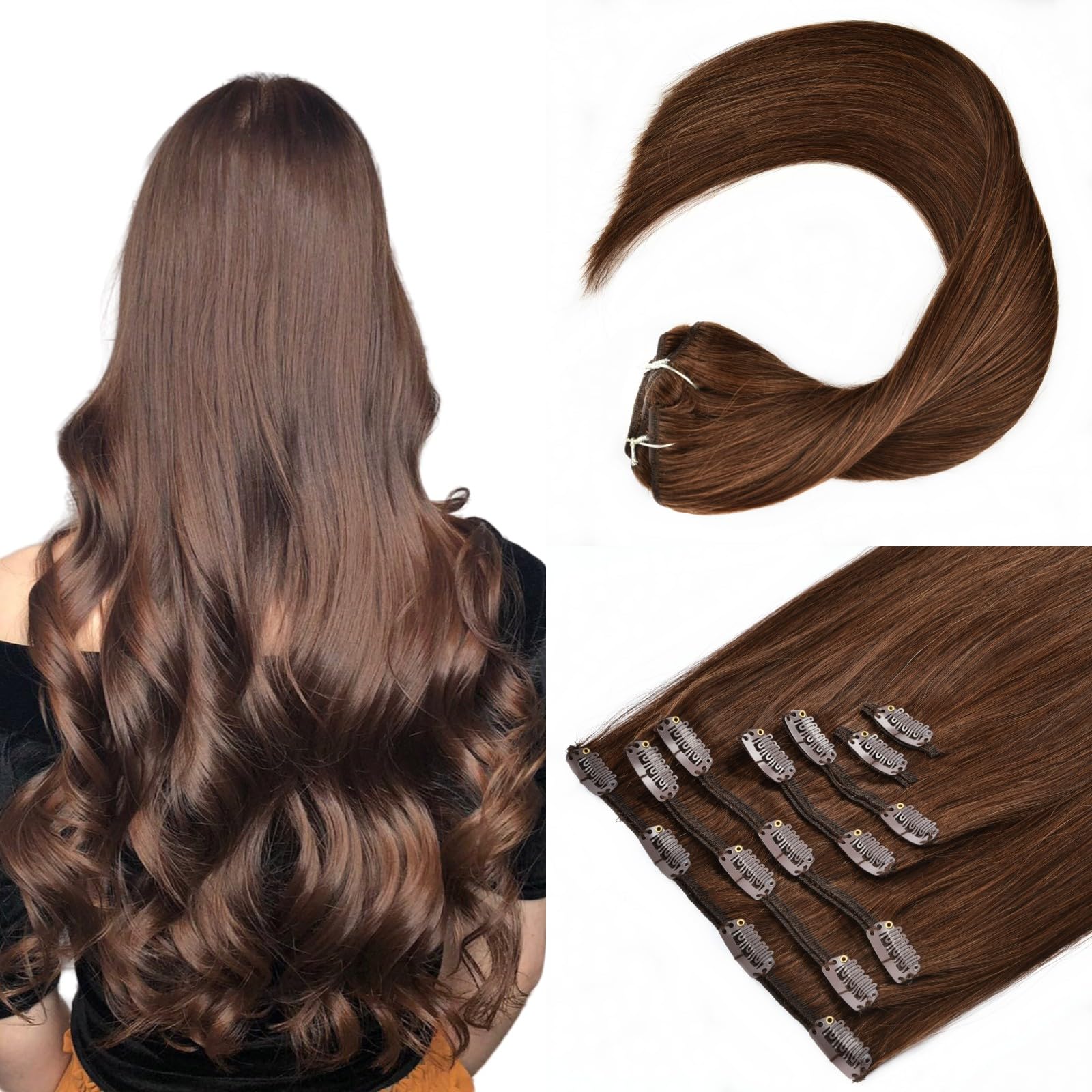 Clip in Hair Extensions 16 Inch - 7pcs 120g Real Human Remy Hair Extensions for Women, Straight Natural Hair Weft with Clips (#4 Brown) | Perfect for Volume Boost, Styling & Special Occasions