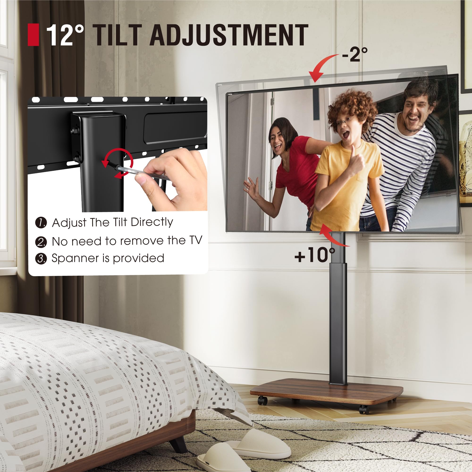 Portable Rolling TV Stand with Wheels for 43-75 Inch TVs - 10-Level Height Adjustable, 12° Tilt & 50° Swivel - Heavy Duty Mobile TV Floor Stand with Casters (Holds 110 lbs) - Walnut Finish - Perfect for Living Rooms, Bedrooms, and Outdoor Entertainment Spaces