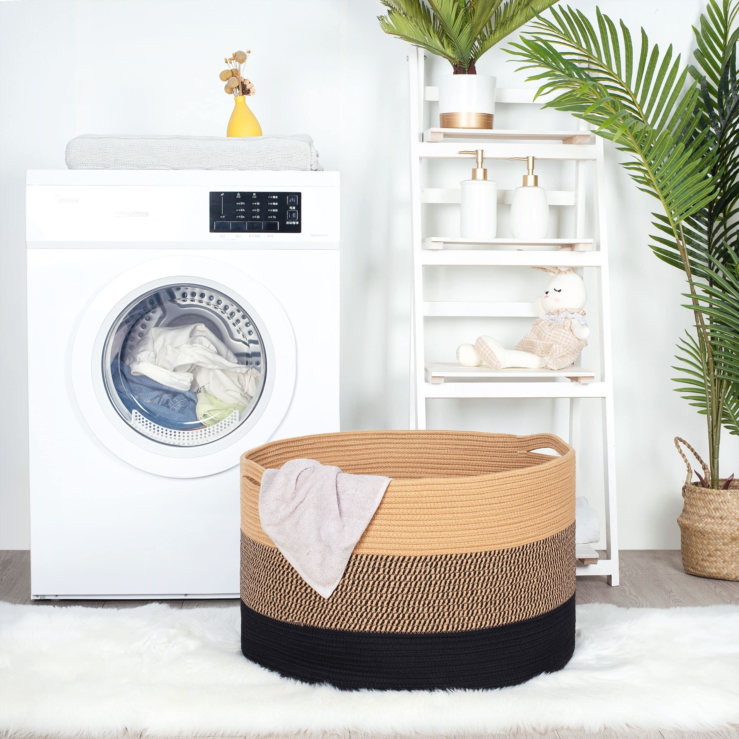 MINTWOOD Extra Large 22x14 Inch Woven Cotton Rope Storage Basket - Blanket Organizer, Laundry Hamper, Toy Bin for Living Room, Bedroom & Nursery - Decorative Black Jute Basket for Home Organization