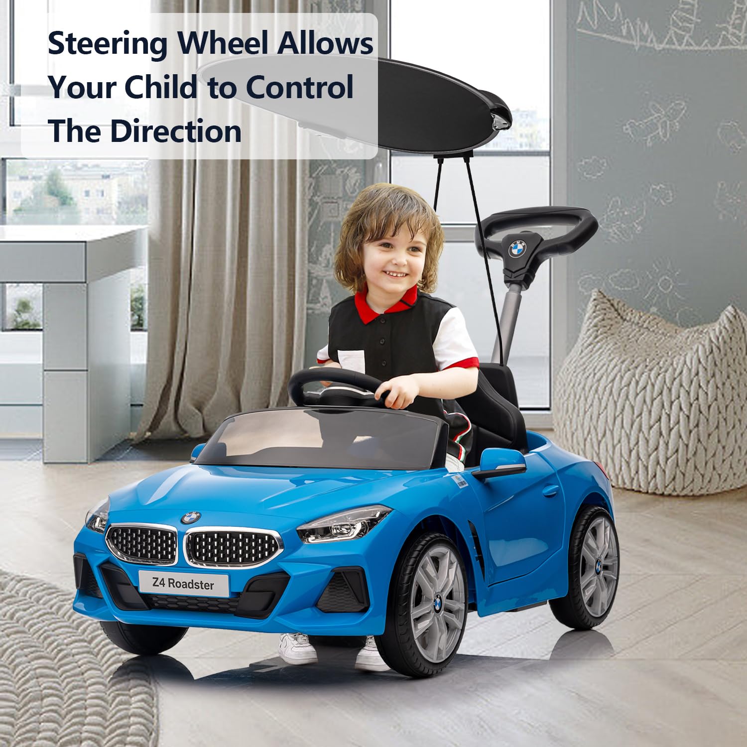 BMW Z4 Licensed Kids Push Car - 3-in-1 Ride-On Toy for Toddlers 1-5 Years | Adjustable Push Rod, Safety Seat Belt, Canopy, Horn & Music | Silent Wheels for Smooth Ride | Perfect Stroller Alternative for Boys & Girls (Blue) - Ideal for Indoor Play, Outdoor Walks & Park Adventures