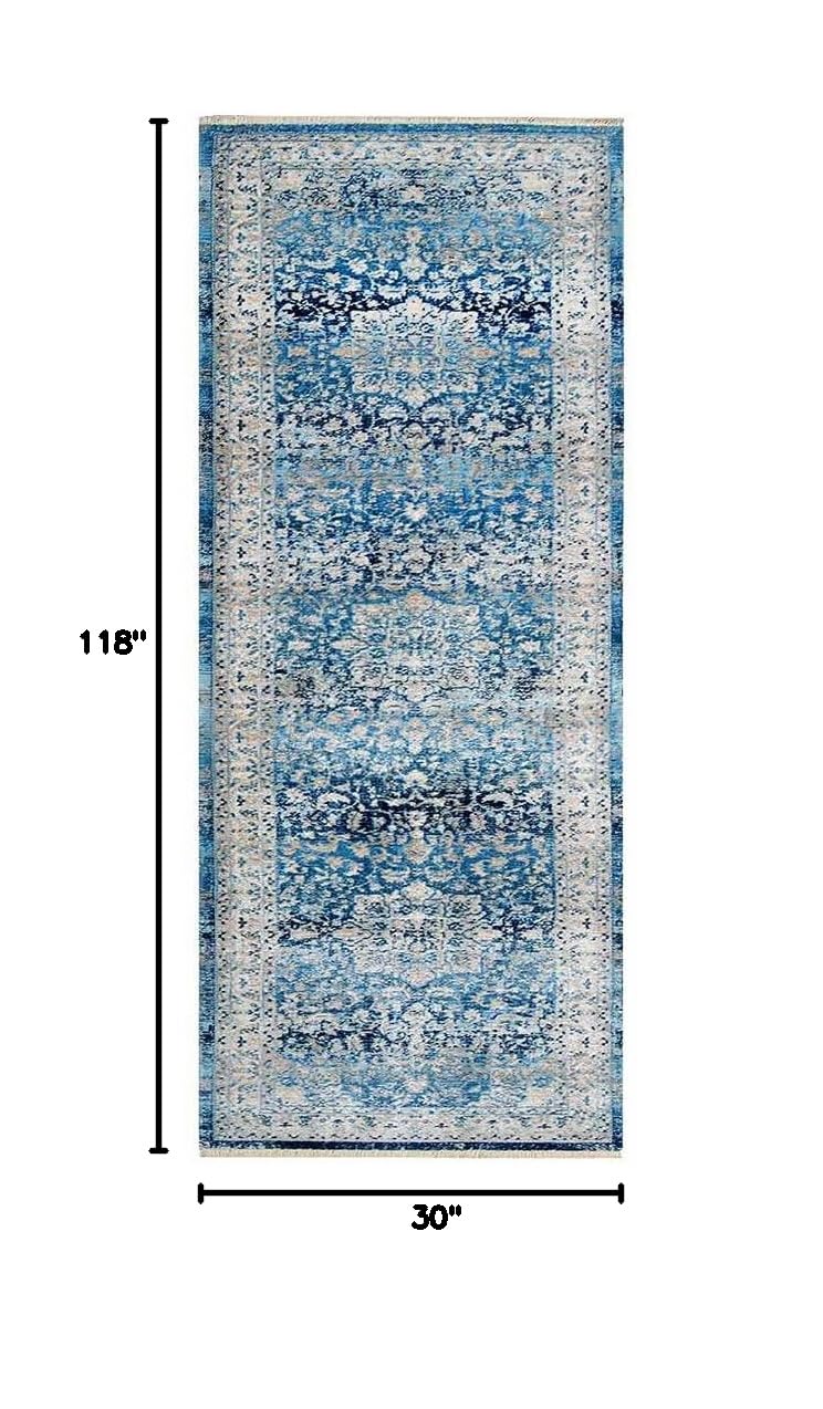 Machine Made Polyester Area Rugs 2'6''x9'10'' Runner - Blue Oriental Traditional Design Low Pile Carpet for Living Room, Bedroom, Hallway | Durable & Easy to Clean | Perfect for Home Decor, Entryway Runner, and Cozy Spaces (M00082)