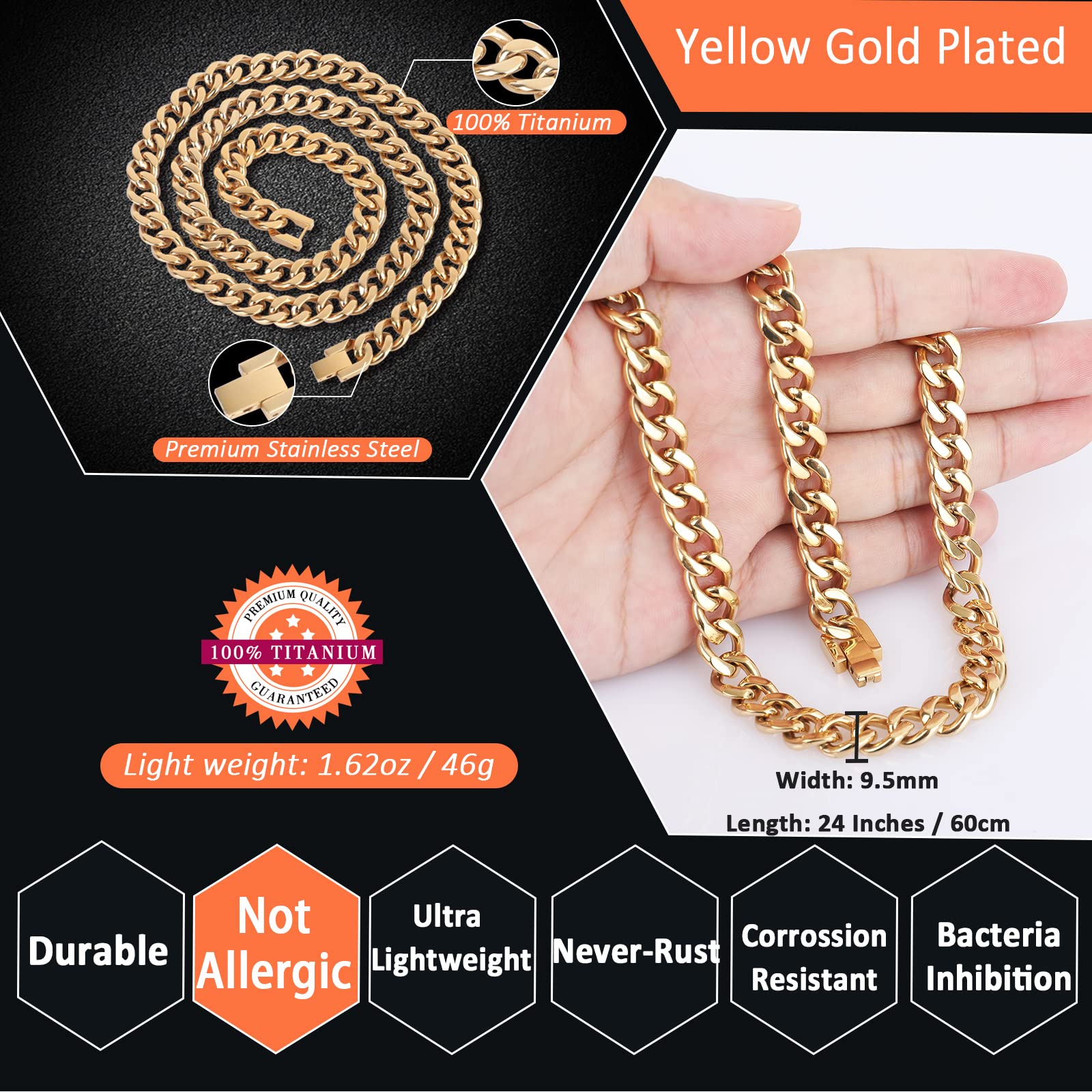 SanThree 9.5mm Pure Titanium Curb Cuban Link Chain Necklace for Men - Yellow Gold Plated, Lightweight & Skin Friendly | Perfect Hip Hop Jewelry Gift for Birthday, Graduation, Father's Day | 24 Inches | Ideal for Casual Wear, Parties & Special Occasions