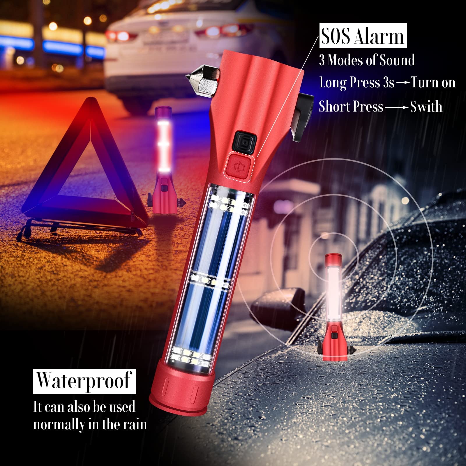 Multifunctional Solar-Powered Emergency Flashlight - Waterproof LED Car Flashlight with Window Breaker & Seatbelt Cutter | Rechargeable for Outdoor, Camping, Hiking & Emergency Preparedness