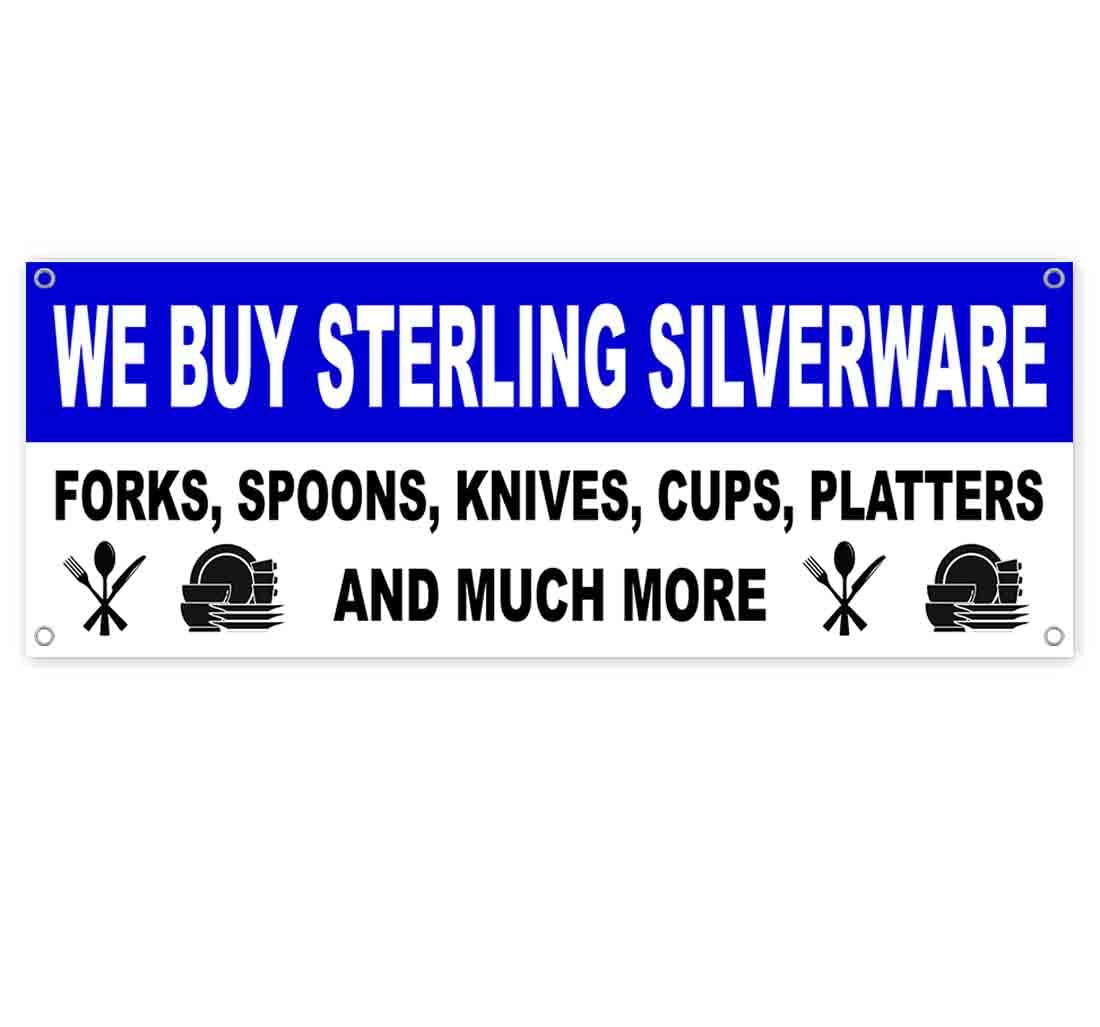 Premium 13 oz Sterling Silverware Banner - Heavy-Duty Vinyl with Metal Grommets | Single-Sided Silverware Sign for Retail Stores, Jewelry Shops & Precious Metal Dealers | Perfect for Storefront Displays, Trade Shows & Silverware Promotions