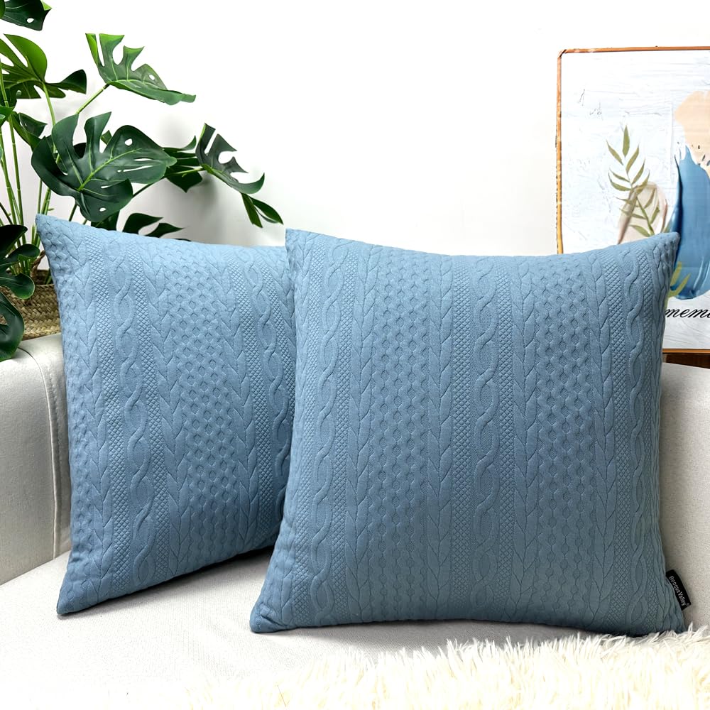 Booque Valley 20x20 Inch Throw Pillow Covers - Pack of 2 Super Soft Stretchy Cushion Covers with Elegant Modern Embossed Pattern in Light Blue & Grey Blue - Perfect for Sofa, Bed, Car & Chair Decor