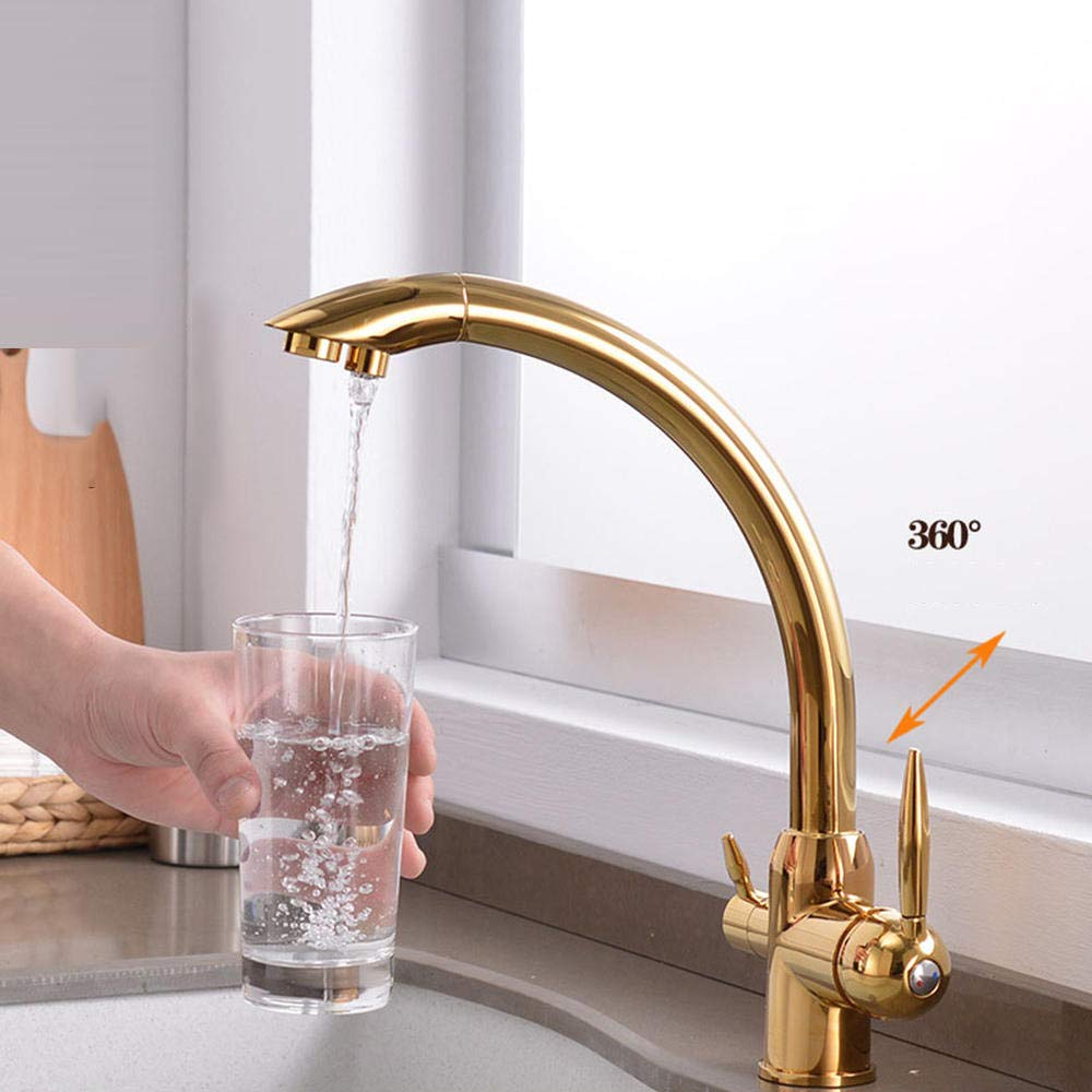 3-Way Brass Kitchen Faucet with Water Filter - Hot & Cold Rotatable Drinking Water Purification Tap for Sink (Golden) - Perfect for Modern Kitchens & Direct Drinking Water Access