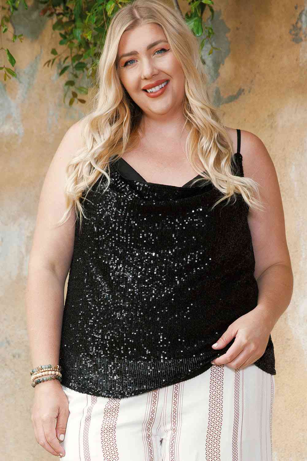 Plus Size Sequin Cowl Neck Cami Top - Glamorous Women's Evening Wear for Parties, Dinners & Special Occasions