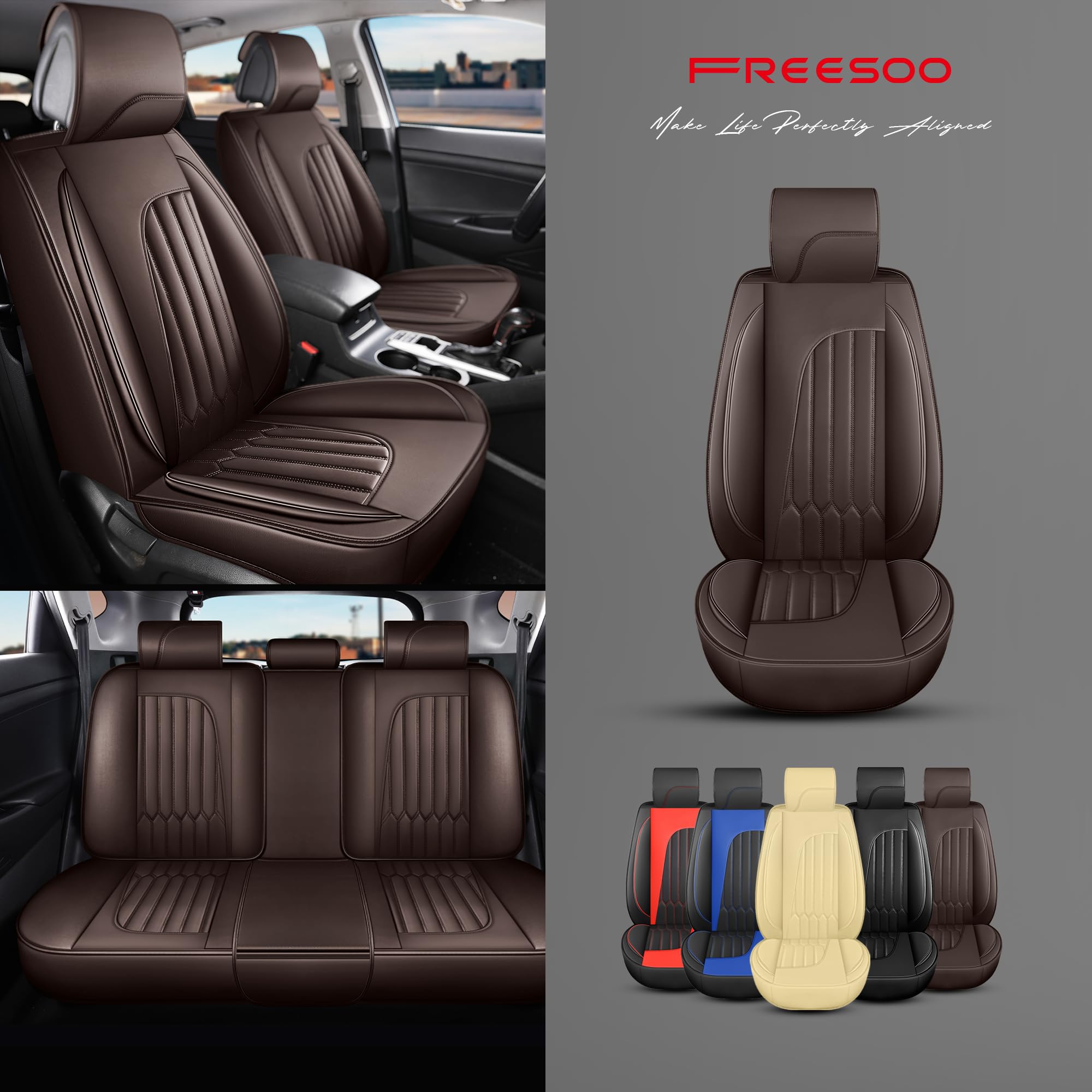 Premium Faux Leather Car Seat Covers Full Set - Universal Waterproof Seat Protectors for Sedan, SUV & Pickup Trucks - Coffee Color - Perfect for Daily Commute, Road Trips & Family Travel