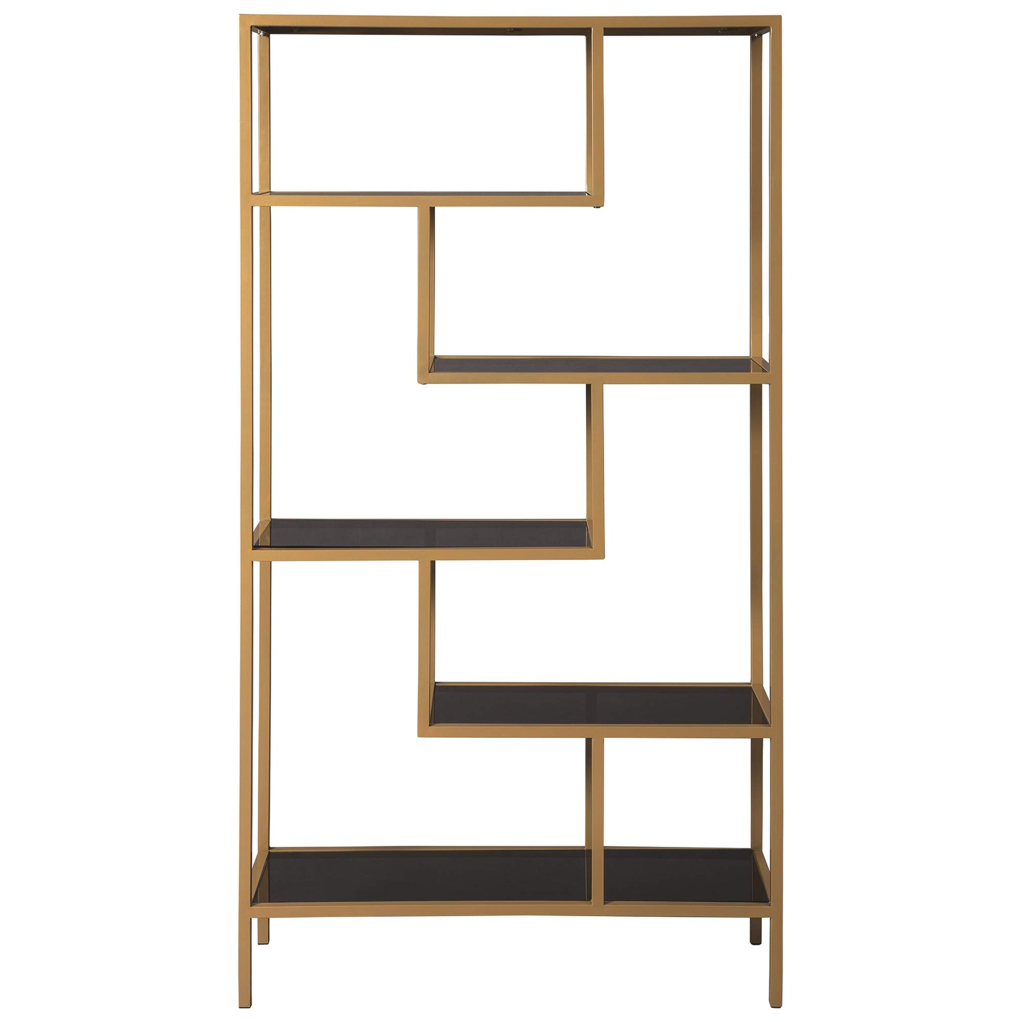 Benjara 5-Tier Metal Bookcase with Glass Shelves - Gold & Black Display Shelf for Living Room, Office & Library Storage