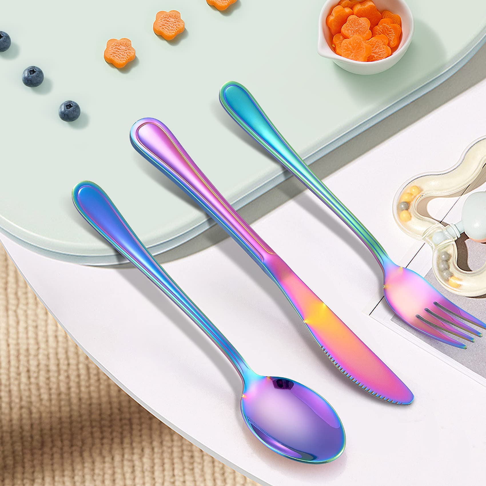 Rainbow Kids Silverware Set - 9-Piece Stainless Steel Toddler Utensils with Knife, Fork & Spoon | Dishwasher Safe & Mirror Finish | Perfect for Home, School Lunch & Travel