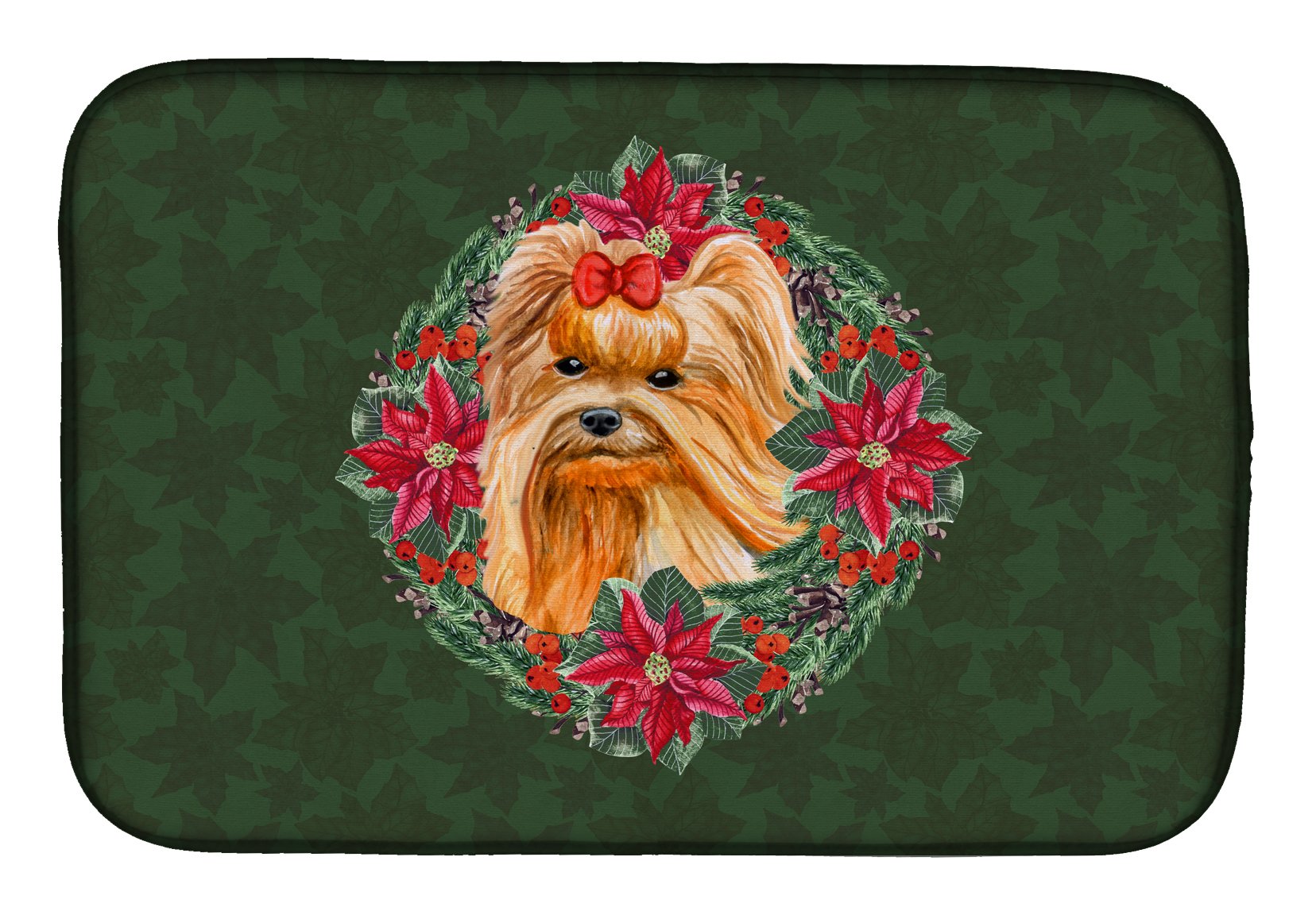 Yorkshire Terrier Poinsettia Wreath Dish Drying Mat - Absorbent Kitchen Counter Pad, 14x21 Inch Multicolor - Perfect for Holiday Decor & Dish Drainer on Countertop