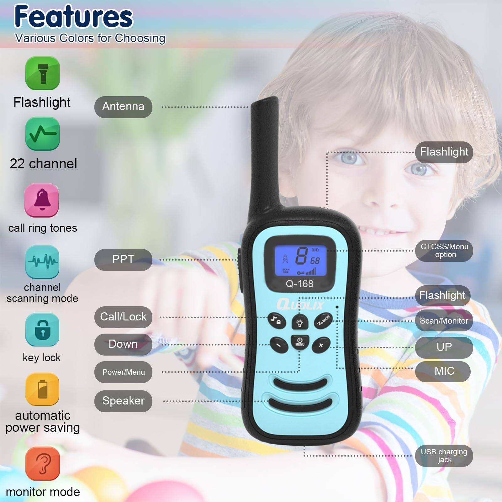 Quolix Rechargeable Walkie Talkies for Kids Ages 5-13 - Long Range Two-Way Radios with LED Flashlight & VOX - Perfect Christmas & Birthday Gifts for Indoor/Outdoor Play, Camping, and Family Adventures