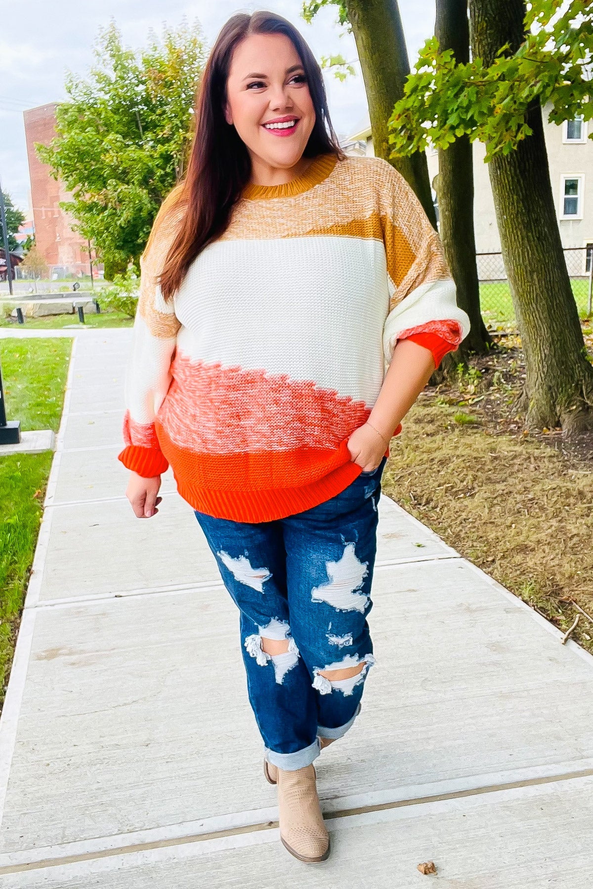 Cute Camel & Orange Color Block Sweater for Women | Cozy Knit Pullover | Perfect for Fall Outfits, Casual Wear & Holiday Gatherings
