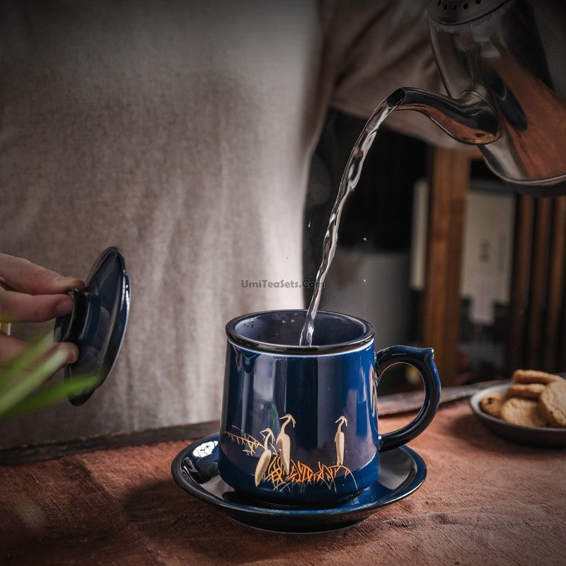 Premium Chinese Blue Floral Ceramic Tea Cup with Removable Infuser - Perfect for Office, Home, or Gift Giving