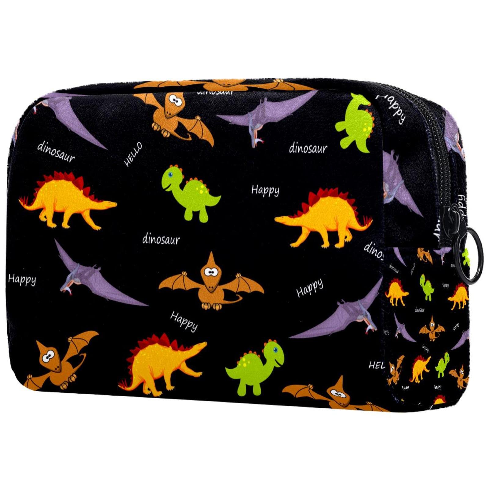 Dinosaur Print Small Makeup Bag for Women - Travel Cosmetic Pouch with Happy Hello Color Design - Perfect for Daily Essentials & Vacation Toiletries Organization