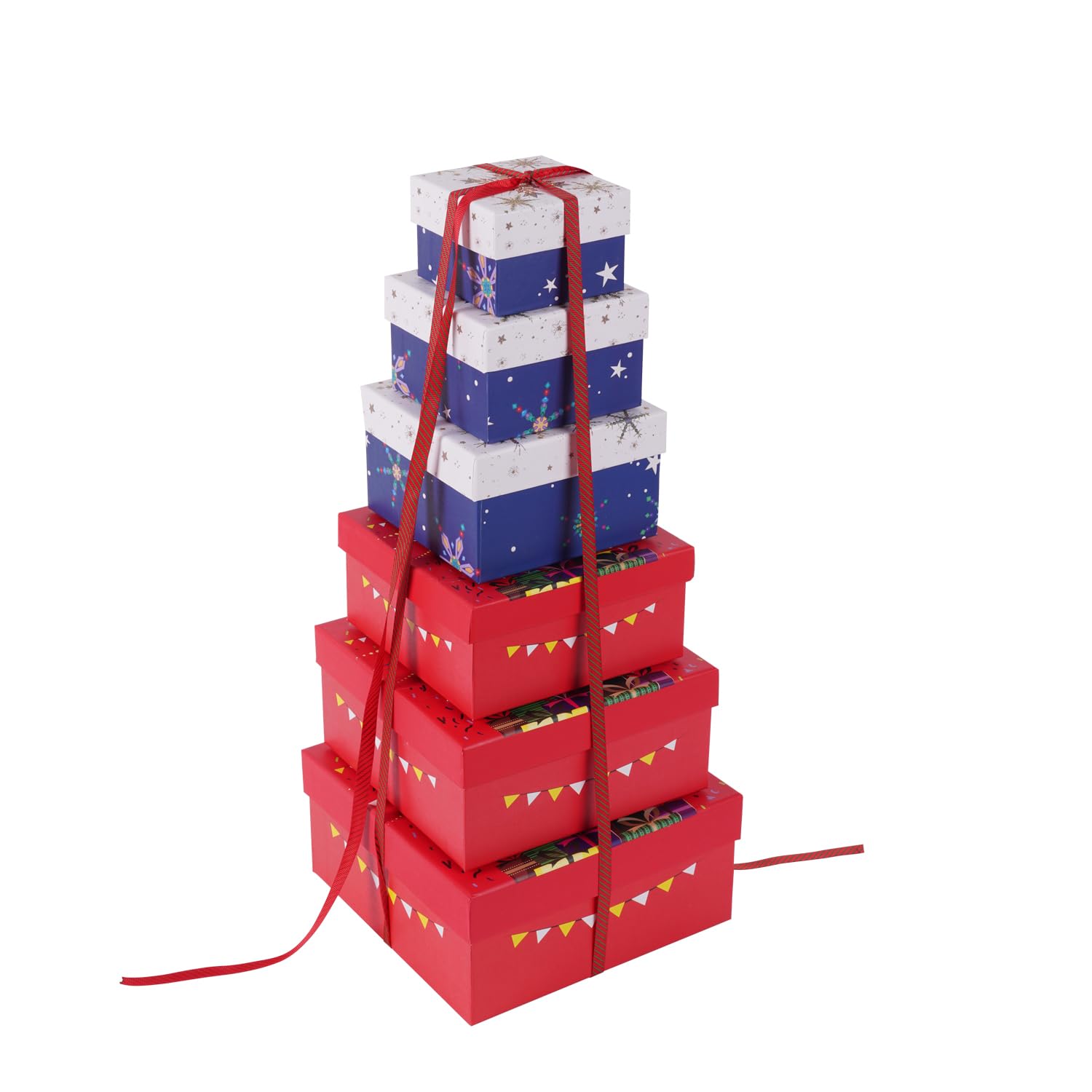 6PCS Christmas Nesting Gift Boxes with Lids - Red & Blue Square Stackable Xmas Box Set for Holiday Gifts, New Year, Party Favors & Home Decor | Perfect for Christmas Packaging, Gift Wrapping & Festive Storage