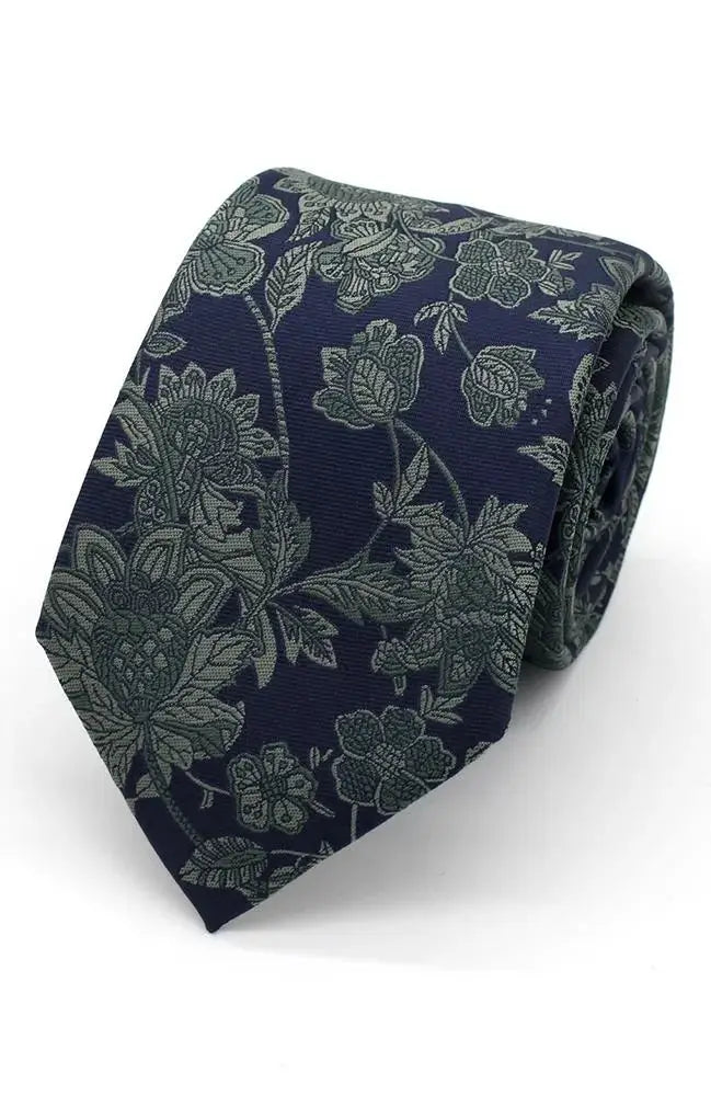 L A Smith Sage On Navy Bold Floral Tie and Pocket Square Set - Perfect for Weddings, Formal Events & Business Attire