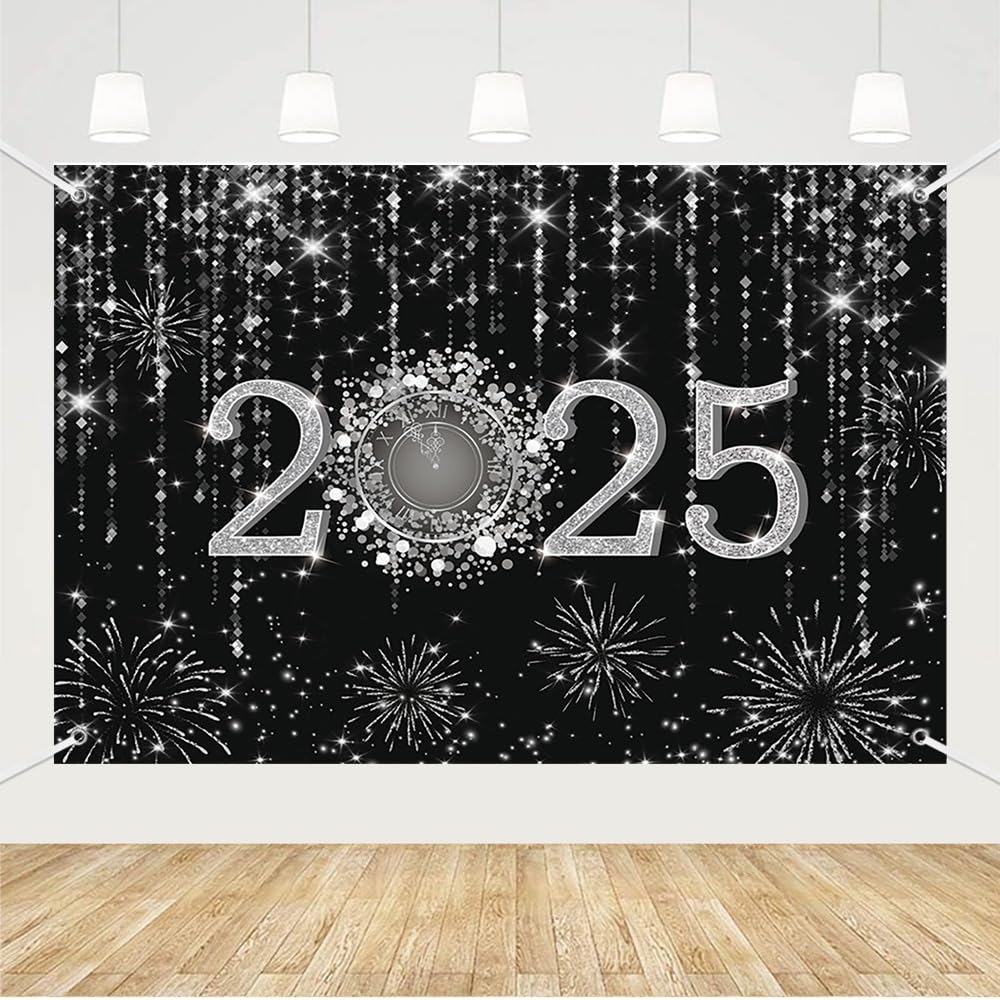 MEHOFOND 7x5ft Black and Silver 2025 New Year Backdrop - Cheers to 2025 Photography Background with Fireworks, Glitter Dots & Clock Decor for New Year Eve Party, Cake Smash Photo Props, Social Media & Holiday Celebrations
