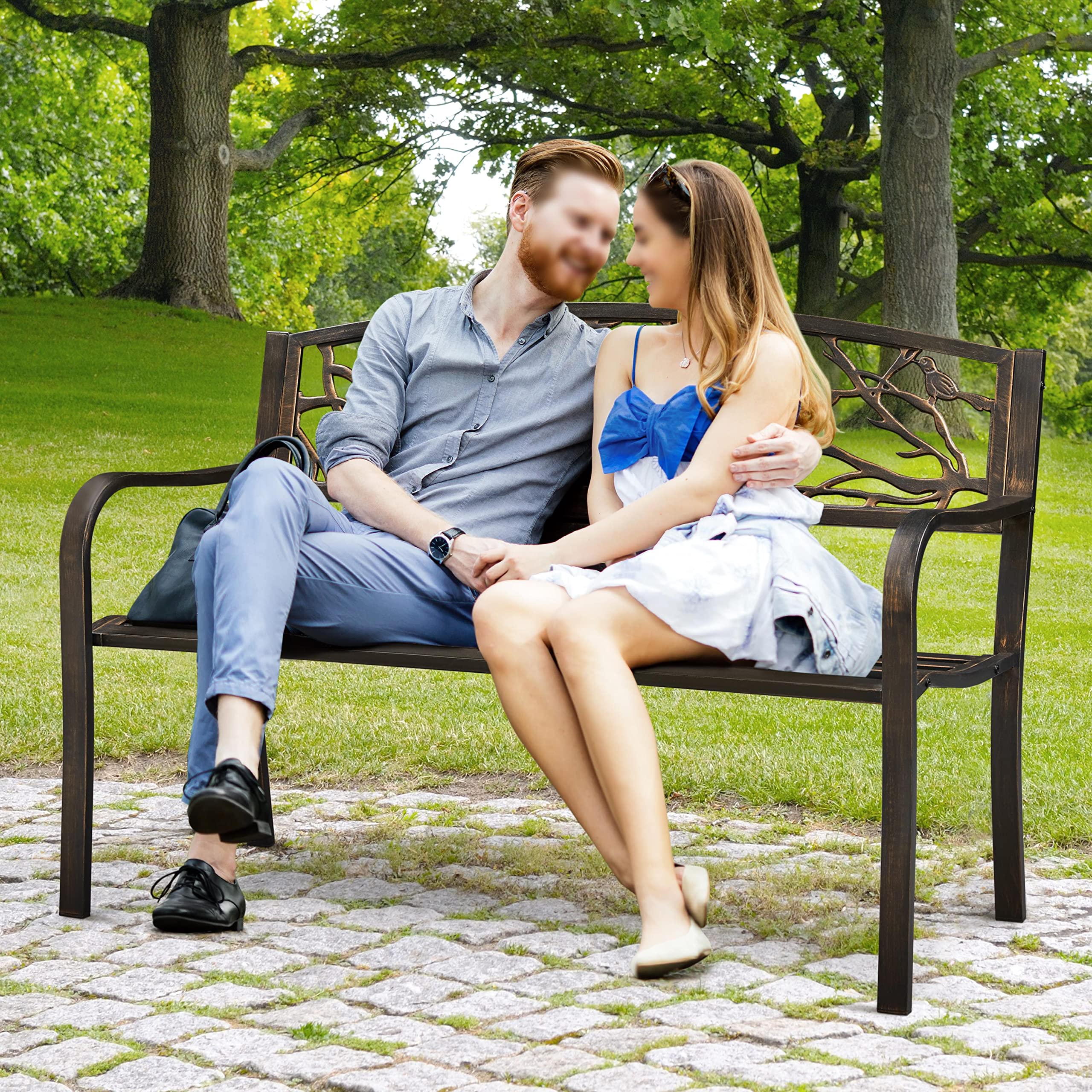 Topeakmart 50 Inch Steel Garden Bench - Outdoor Metal Bench with Backrest & Armrest - Antique Patio Furniture for Yard, Porch, Pathway, Entryway - Perfect for Relaxing, Gardening & Outdoor Decor