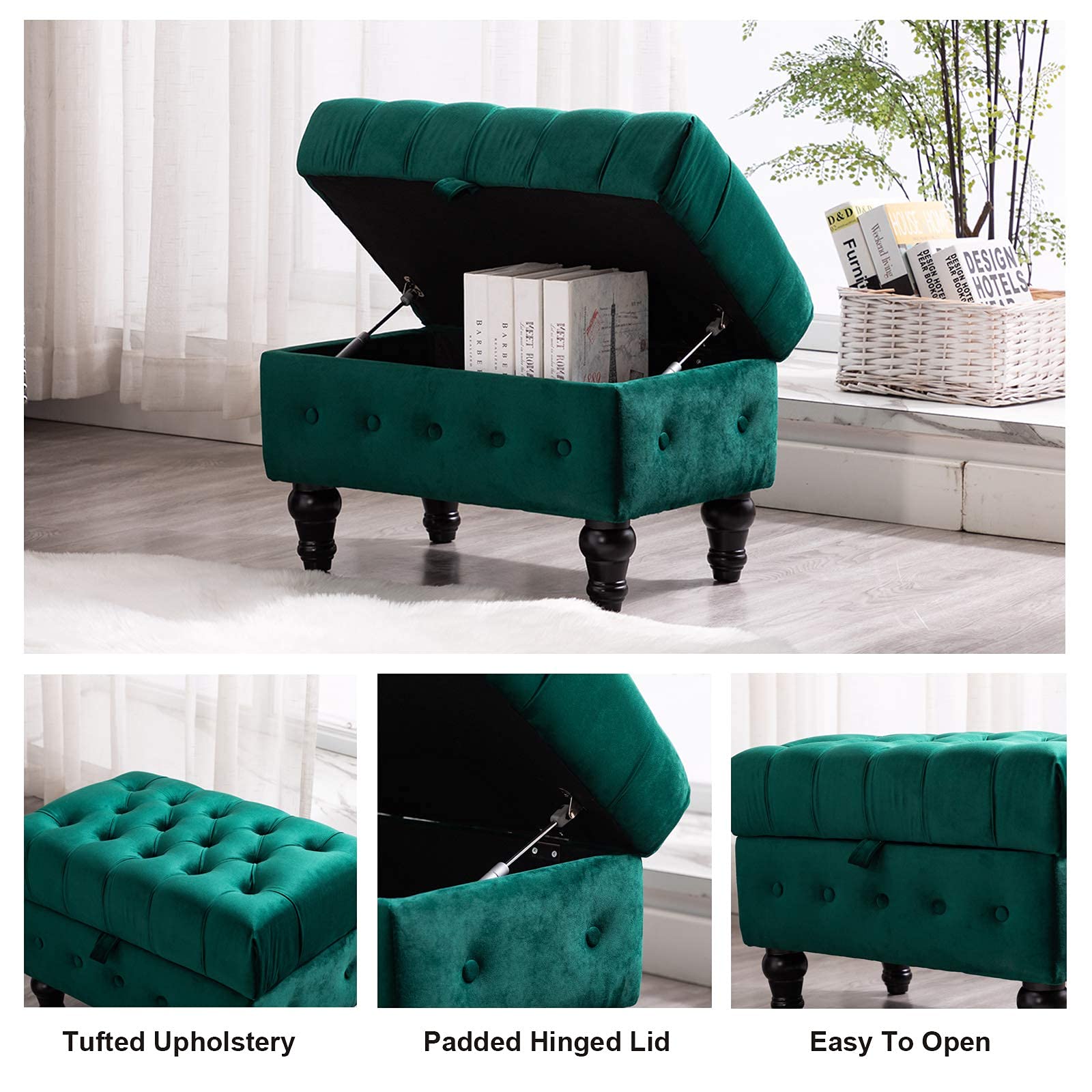 Artechworks Velvet Button Tufted Storage Ottoman - Green Upholstered Footstool with Hidden Storage for Living Room, Bedroom & Home Office | Multi-Functional Coffee Table Stool, Toy Box & Space-Saving Furniture | Perfect for Small Spaces, Reading Nooks & Nursery Organization